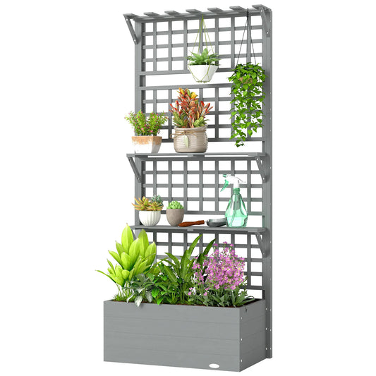 Wooden Raised Garden Bed With Trellis, Roof, 2 Shelves, Grey Wooden Planter Boxes Grey at Gallery Canada