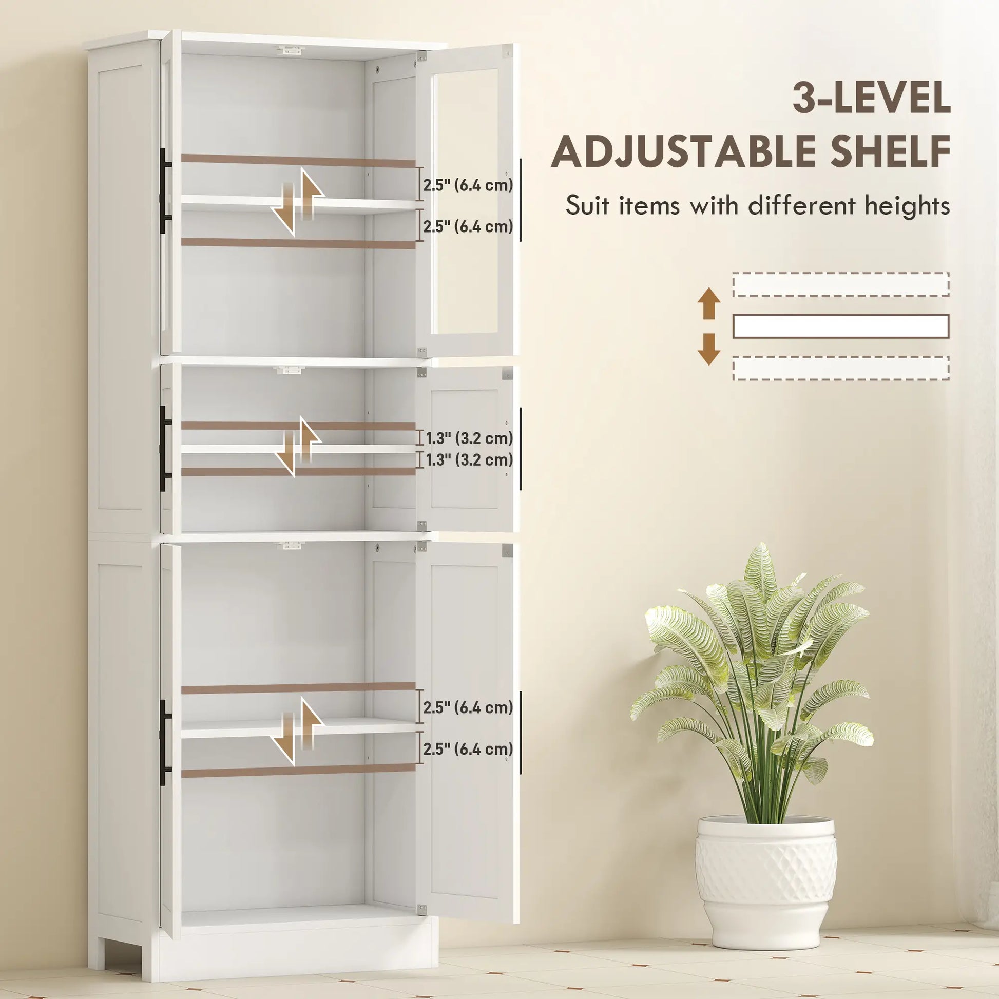 67" Tall Bathroom Storage Cabinet, Glass Doors, Adjustable Shelves, White Bathroom Cabinets at Gallery Canada