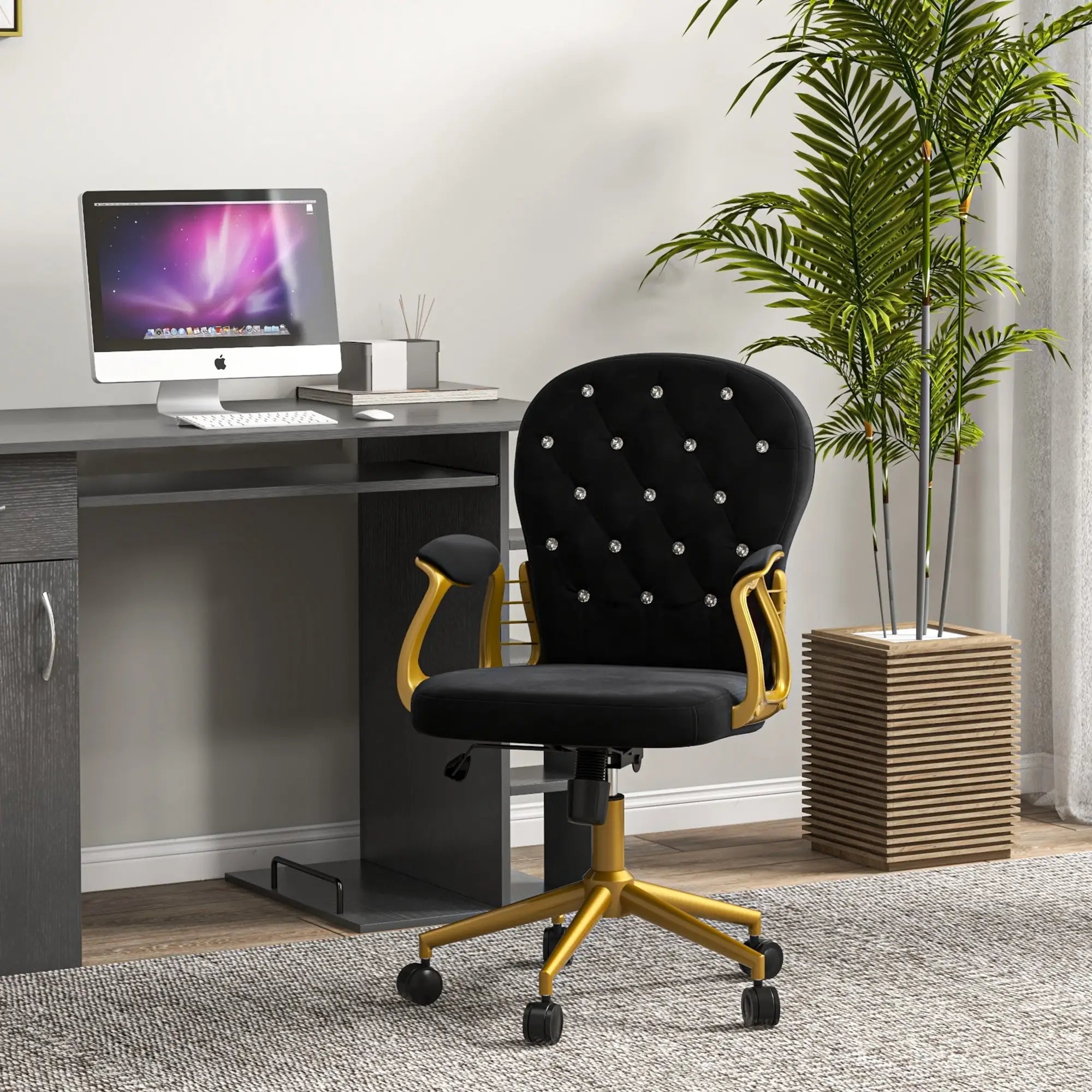 Velvet Office Desk Chair, Button Tufted, Swivel Wheels, Adjustable Height, Black Task Chairs at Gallery Canada
