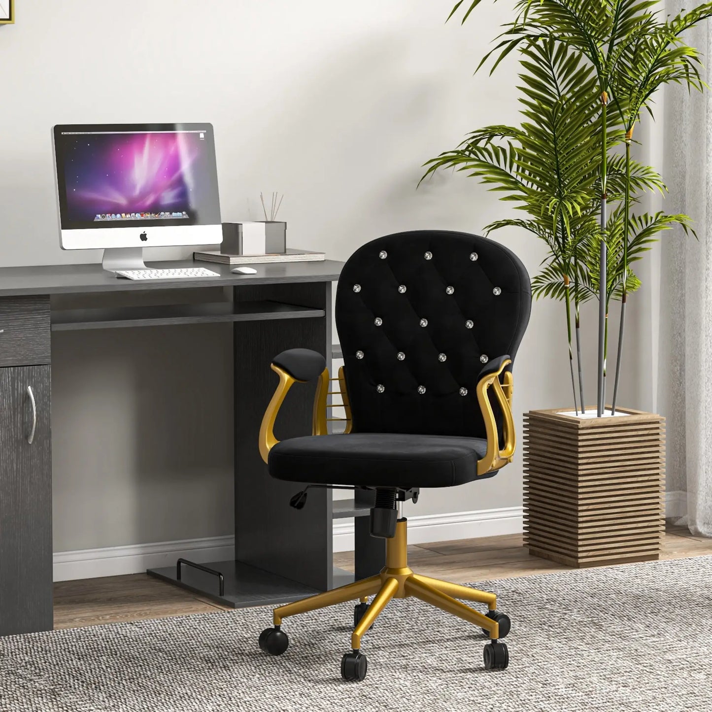 Velvet Office Desk Chair, Button Tufted, Swivel Wheels, Adjustable Height, Black Task Chairs at Gallery Canada