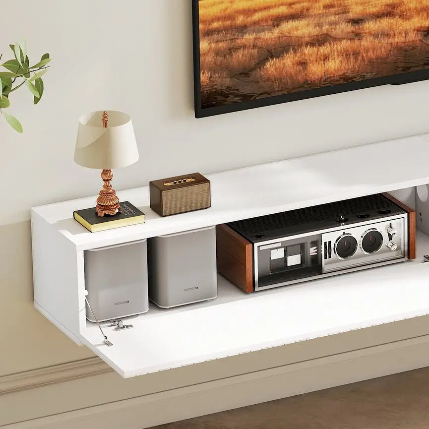 71 Inch Floating TV Stand, Wall Mount Media Console, 2 Fluted Doors, White TV Stands at Gallery Canada