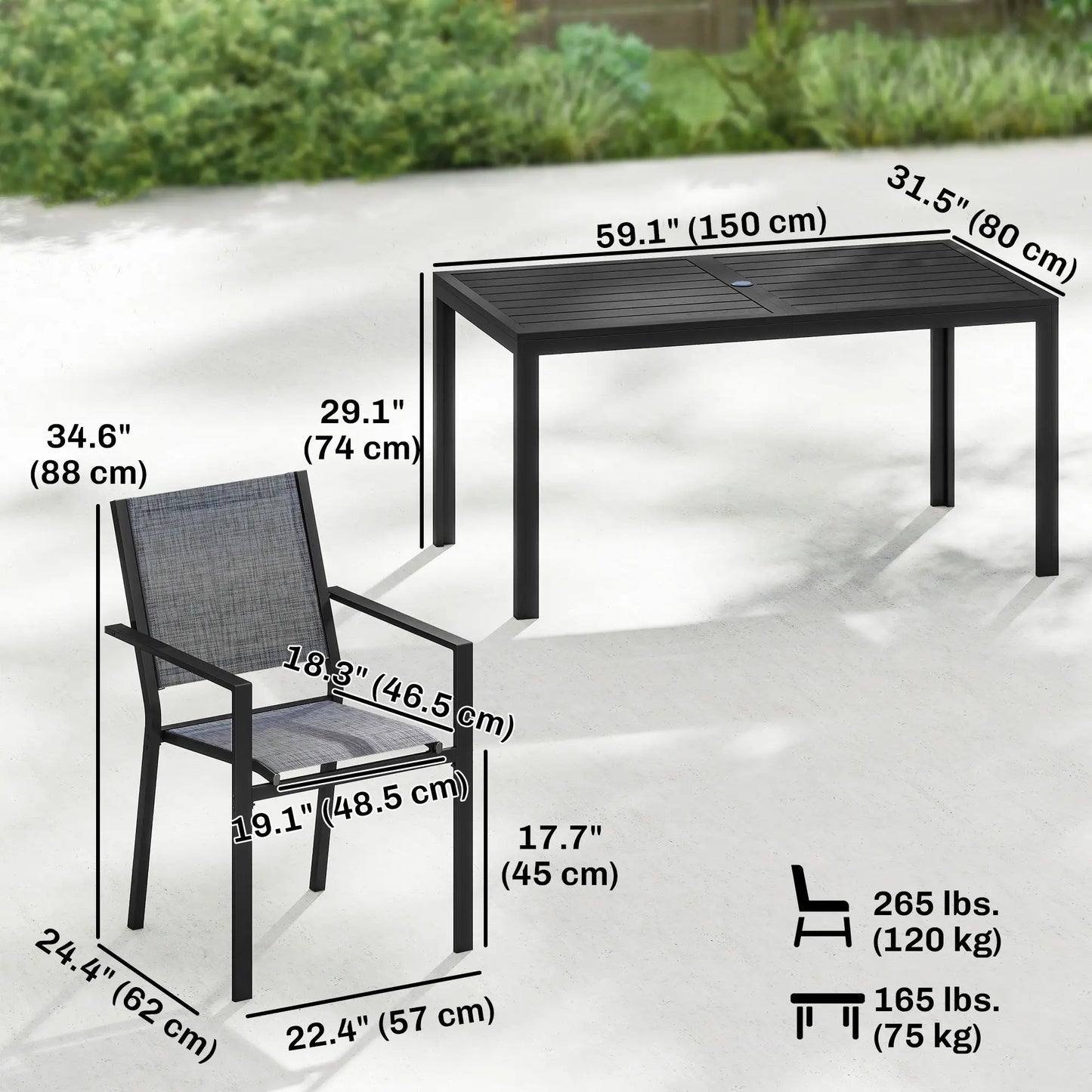 Outdoor Dining Set For 6, Black Metal Patio Table, Mesh Stackable Chairs, Black Outdoor Dining Sets at Gallery Canada