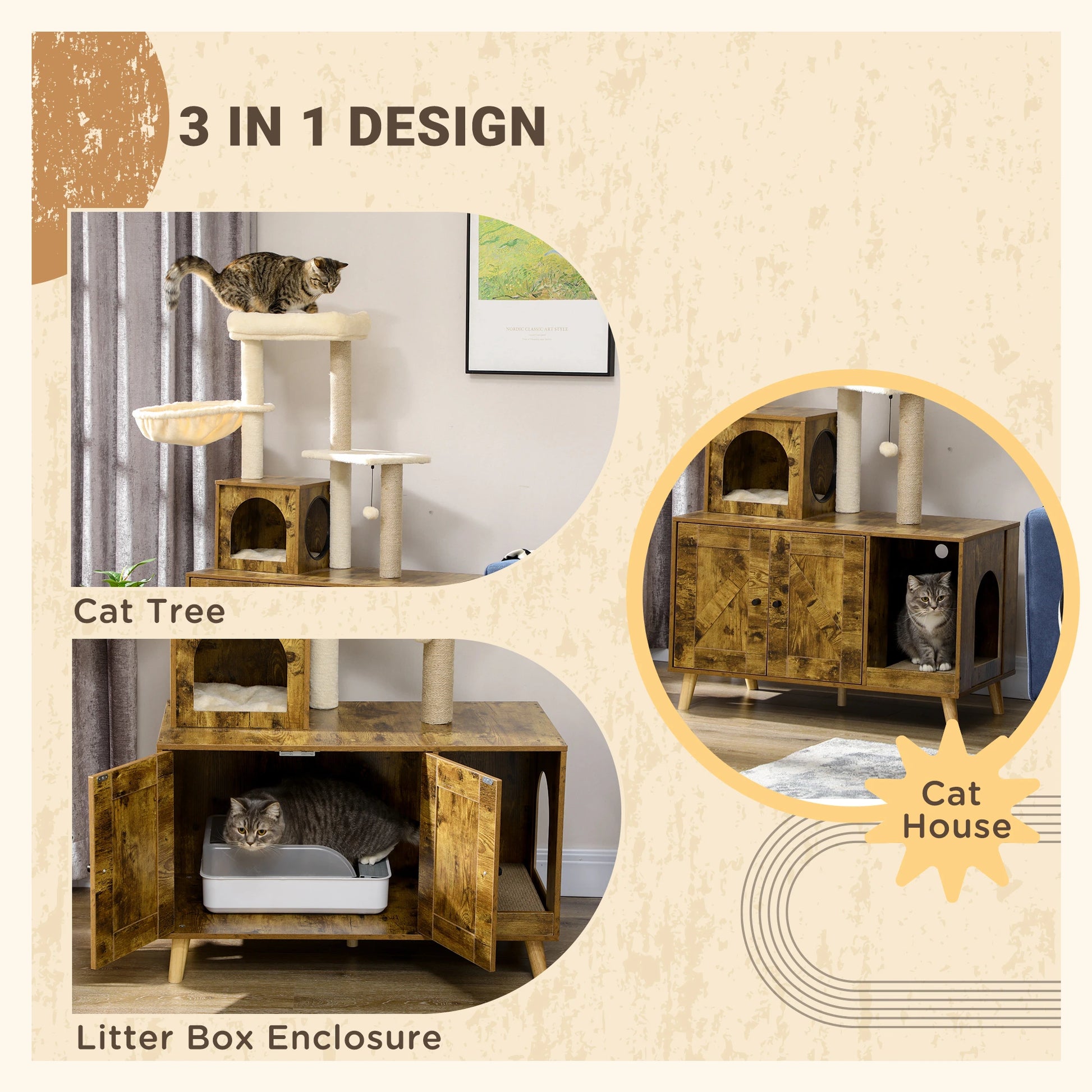 Litter Box Enclosure, Cat Tree Tower, Hidden Washroom Furniture, Rustic Brown Cat Litter Box Enclosures at Gallery Canada