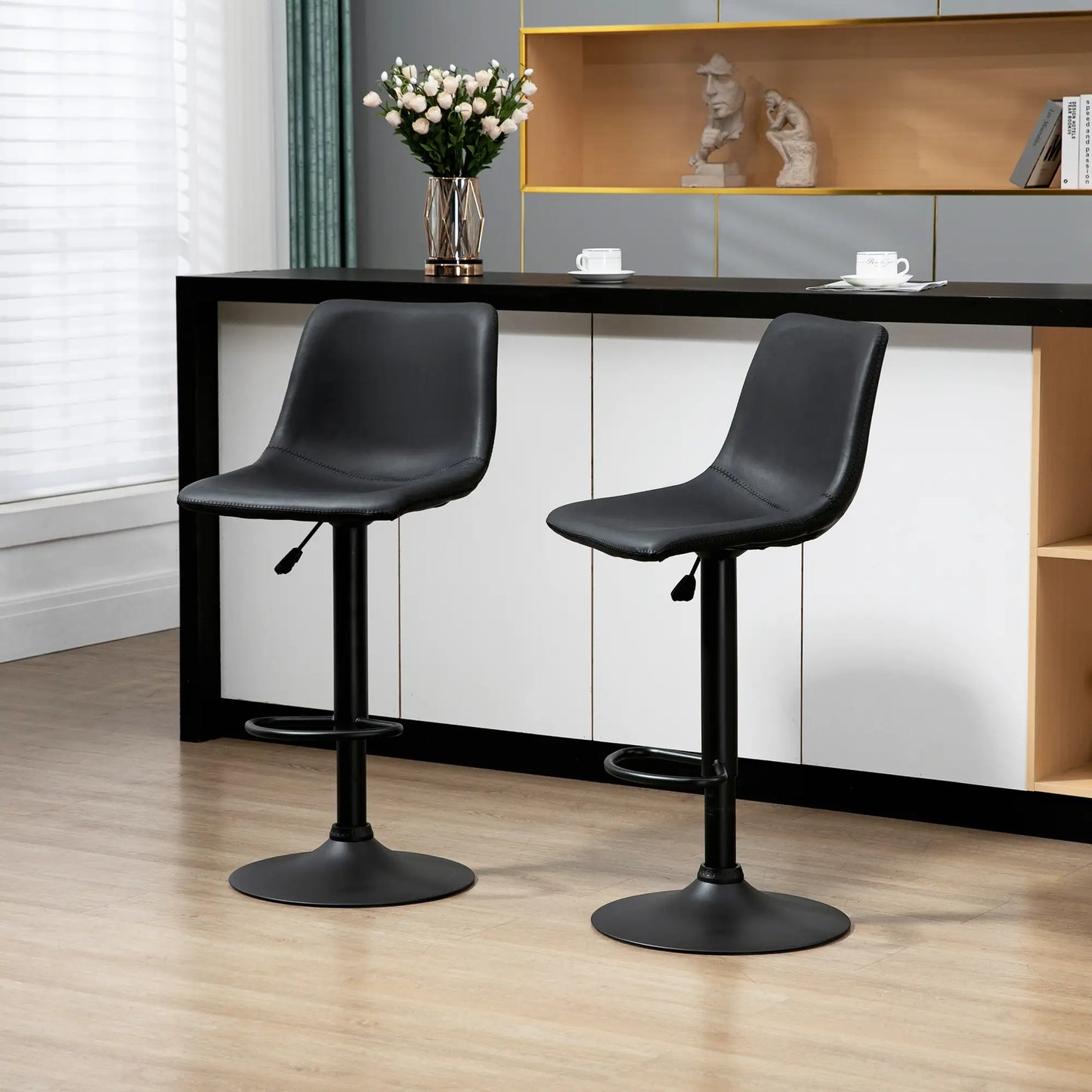 Adjustable Counter Height Bar Stools, Set of 2, 360° Swivel, Vintage Leather, Retro Grey, Grey Bar Stools at Gallery Canada