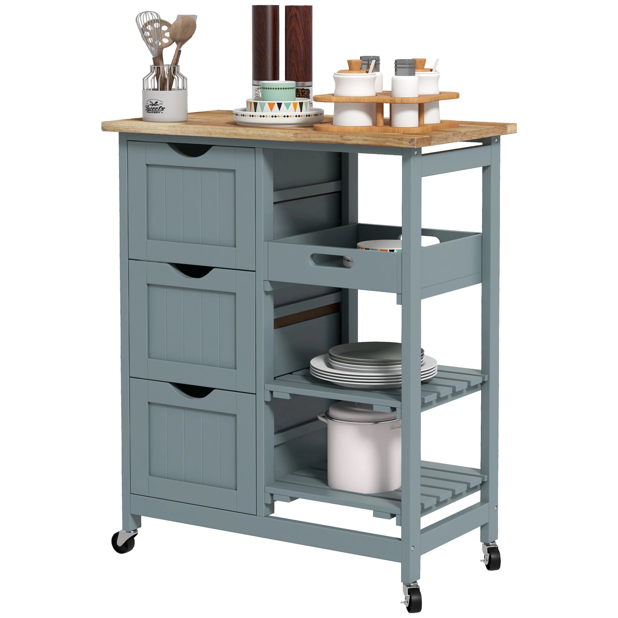 Kitchen Cart on Wheels, Wood Top, 3 Drawers, Shelves Kitchen Islands & Kitchen Carts Grey at Gallery Canada