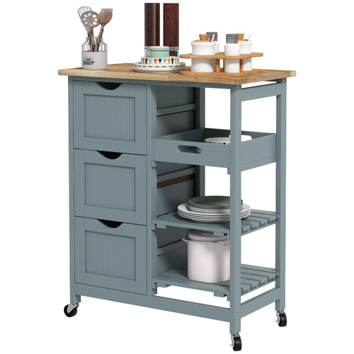 Kitchen Cart on Wheels, Wood Top, 3 Drawers, Shelves