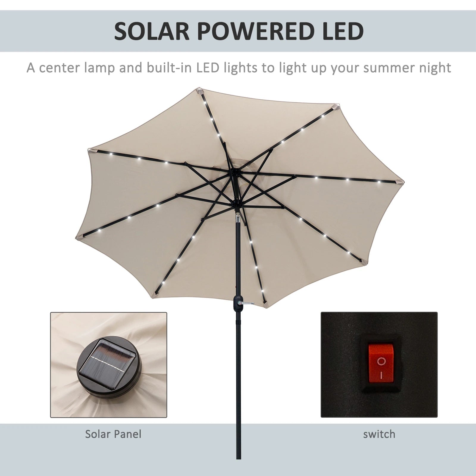 8.8ft Solar Patio Umbrella, 24 LED Lights, Tilt Canopy, Cream Sun Umbrellas at Gallery Canada