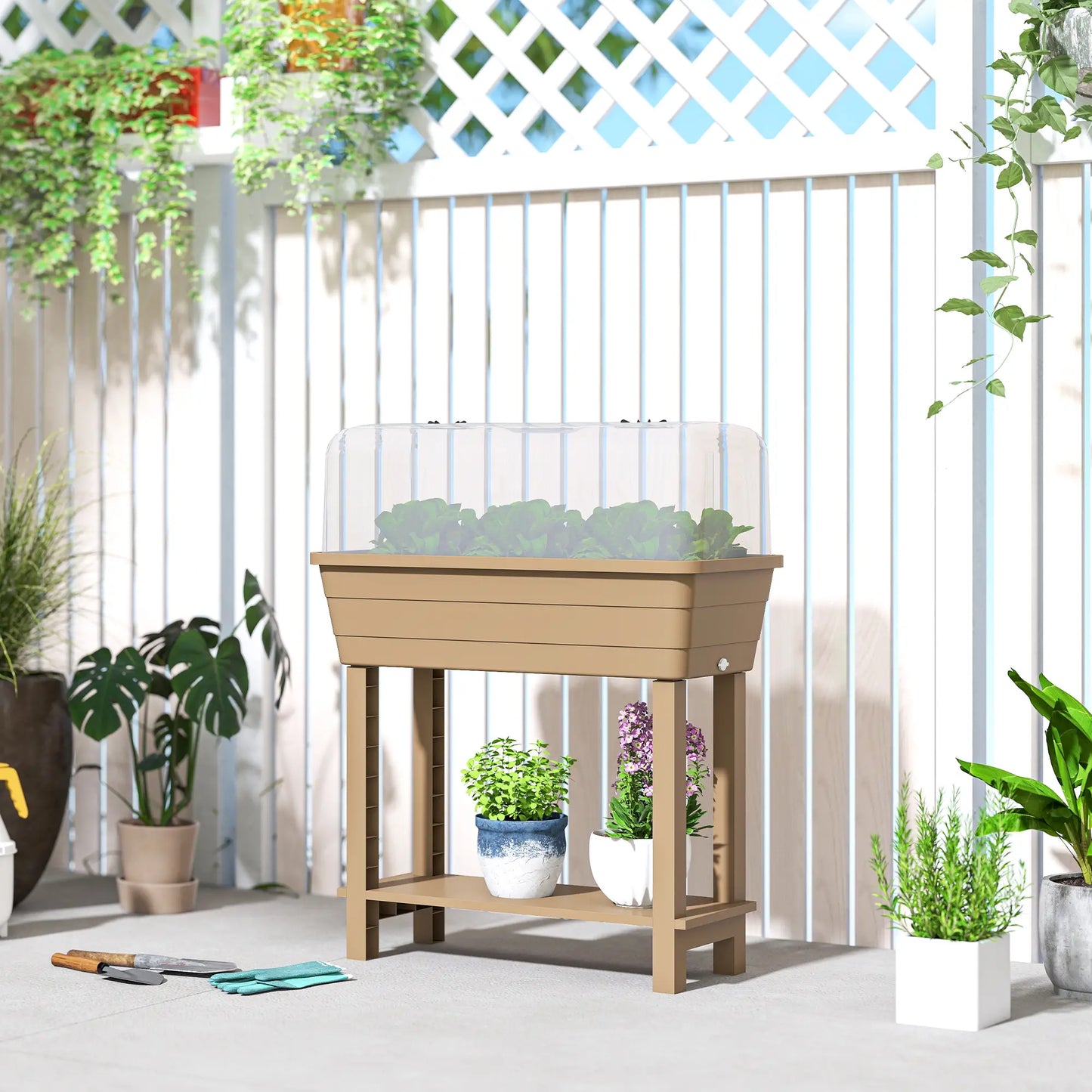 41L Self Watering Raised Garden Bed, Transparent Lid, Storage Shelf, Brown