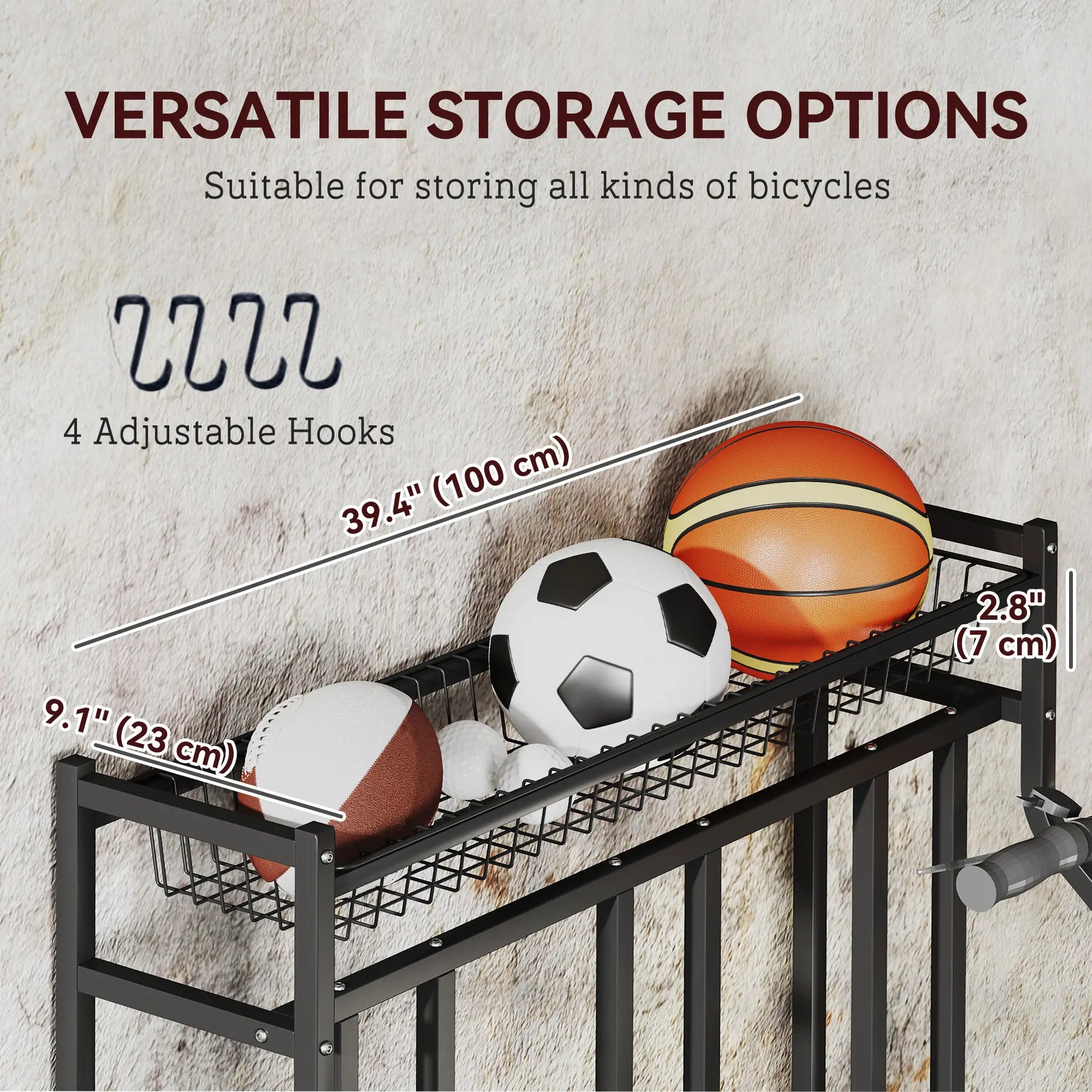 4 Bike Stand, Metal Floor Storage Rack with Basket, Hooks, Black Bike Parking Stands at Gallery Canada