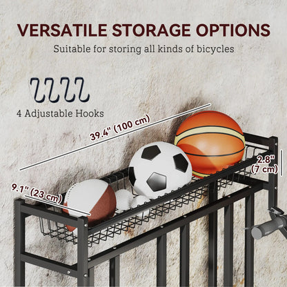 4 Bike Stand, Metal Floor Storage Rack with Basket, Hooks, Black Bike Parking Stands at Gallery Canada