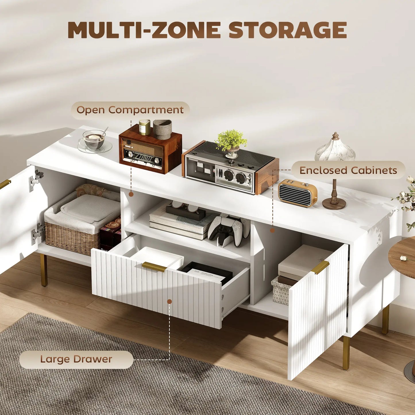 TV Console For 50 Inch TVs, Smart RGB LED Lights, Soft Close Doors, White