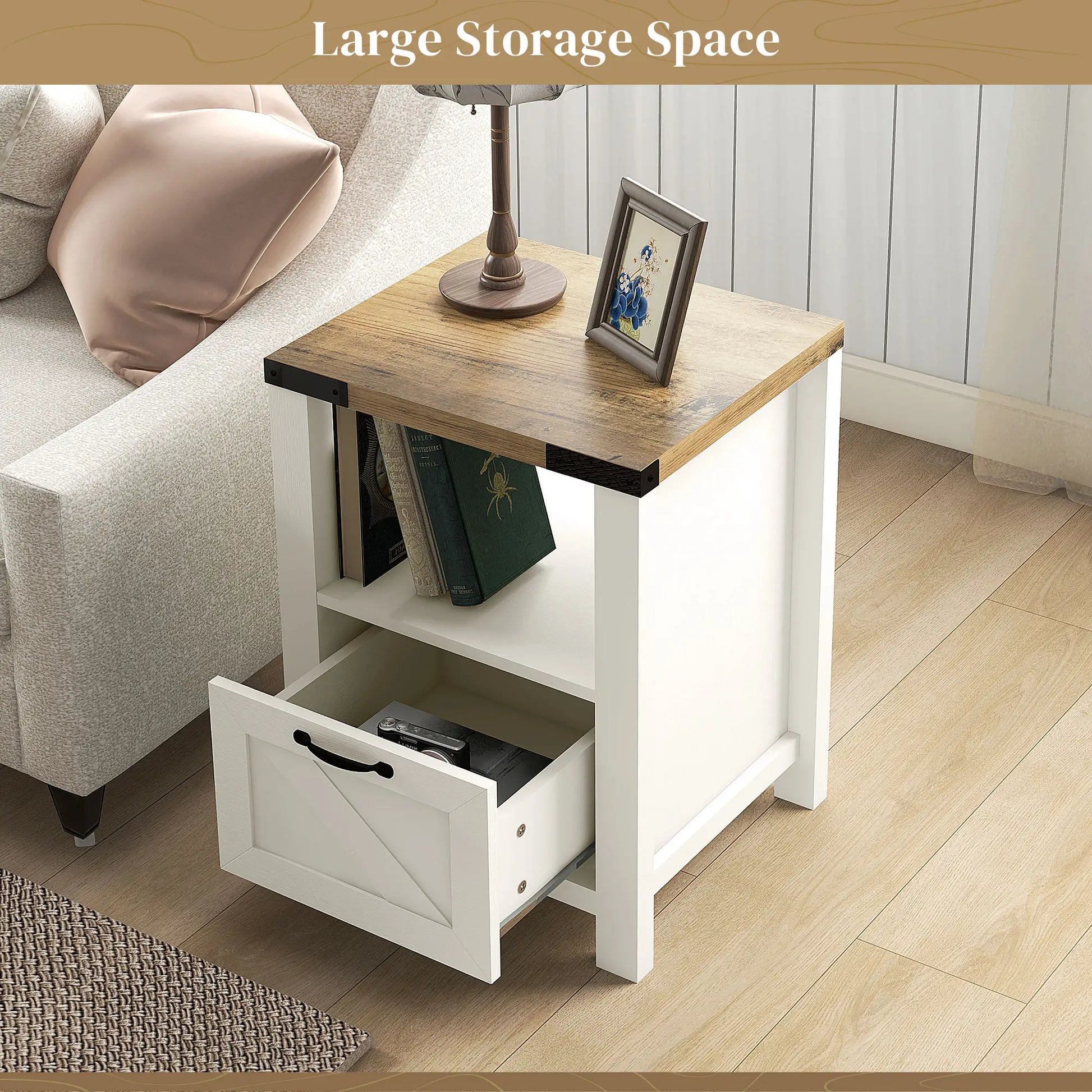 Farmhouse Side Table with Drawer, Open Shelf, White Side Tables at Gallery Canada