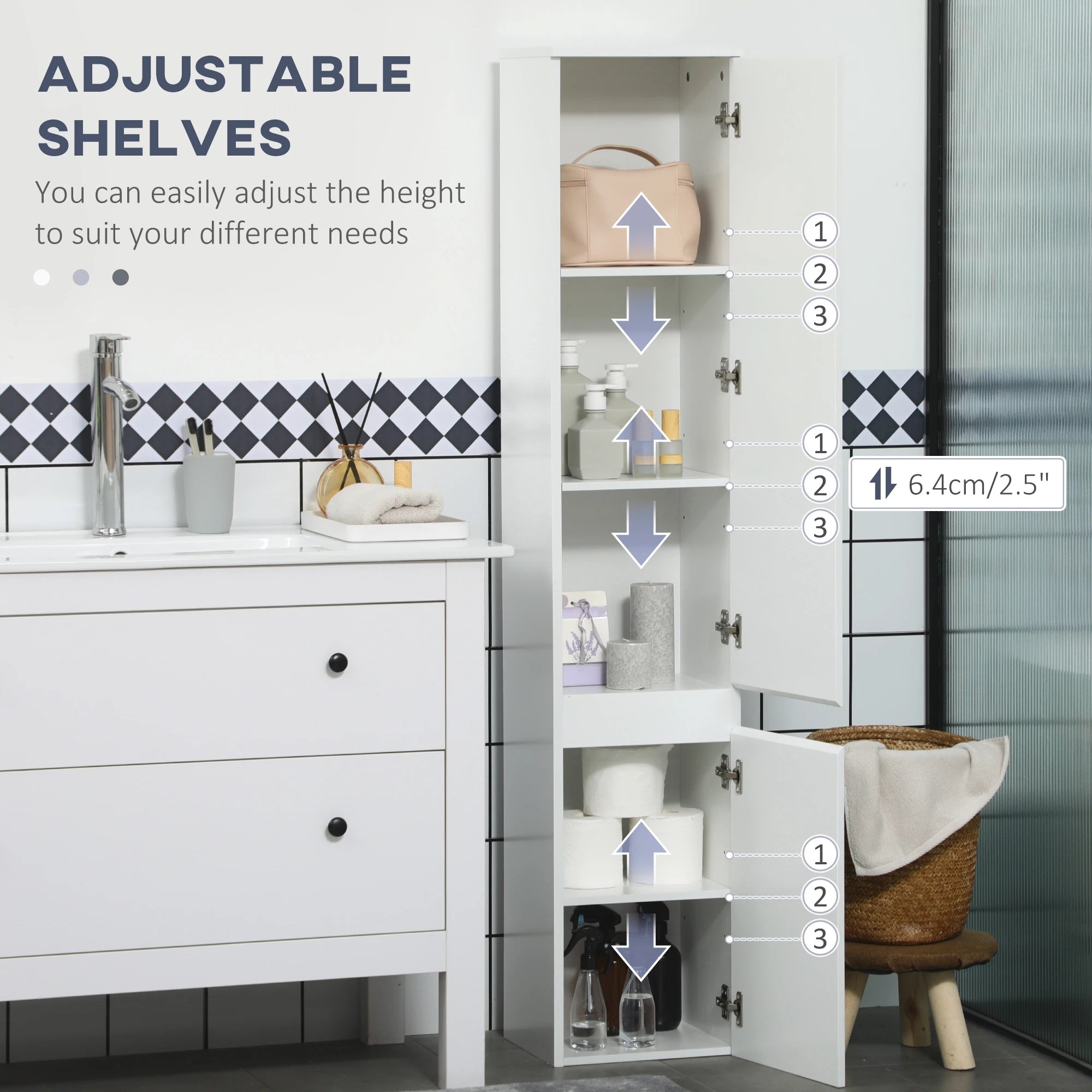 Tall Bathroom Cabinet, Adjustable Shelves, 11.8