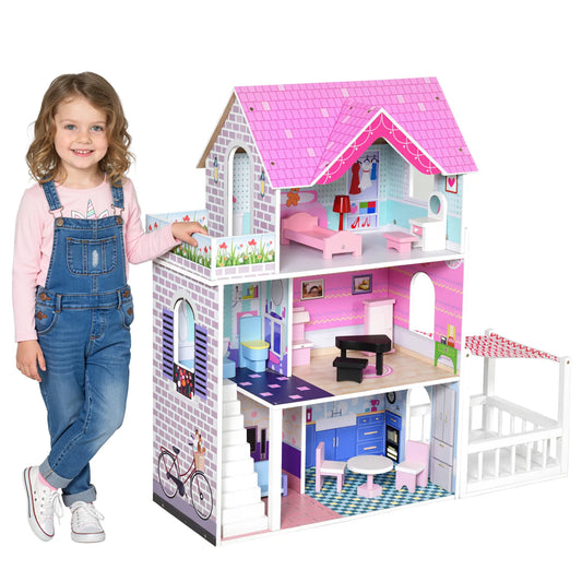2.9ft Kids Wooden Dollhouse with Furniture, Pink Play Houses Pink at Gallery Canada