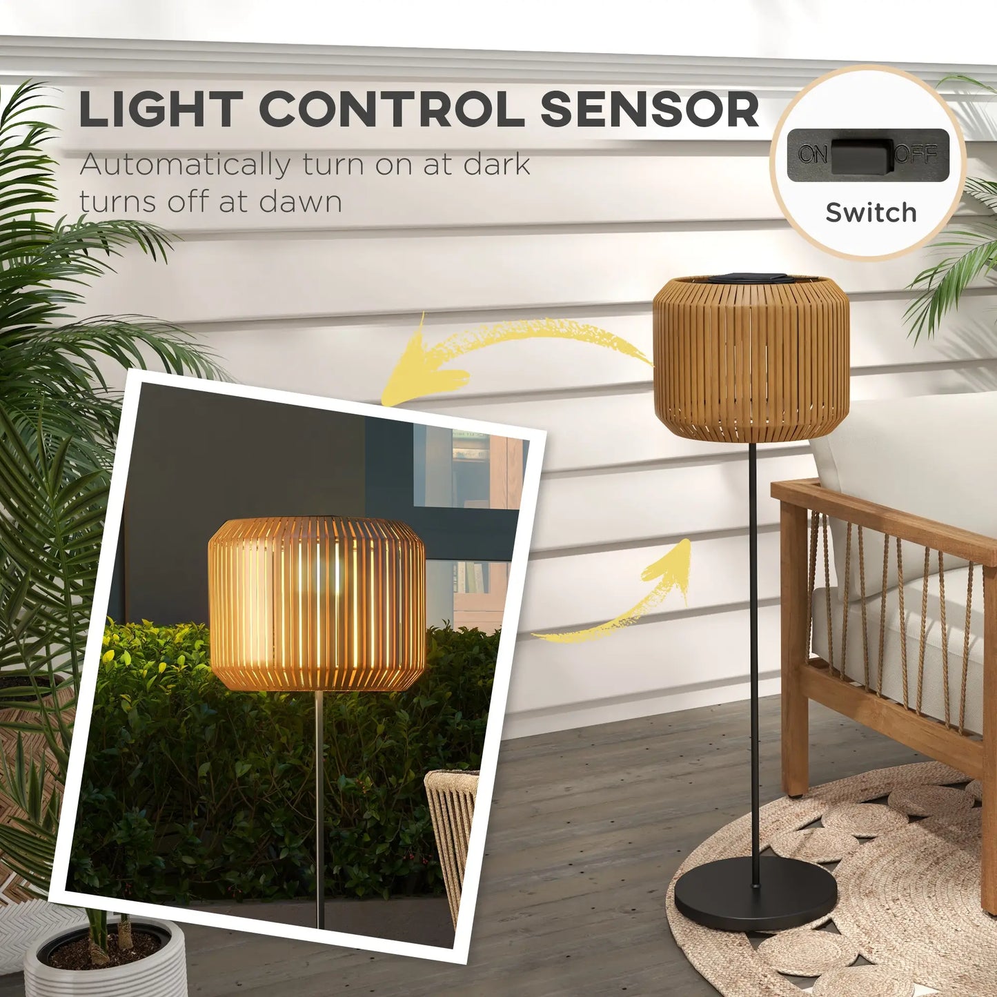 Wicker Outdoor Floor Lamp, Solar Lantern LED Lights, IP44, Yellow Solar Post Lamps at Gallery Canada