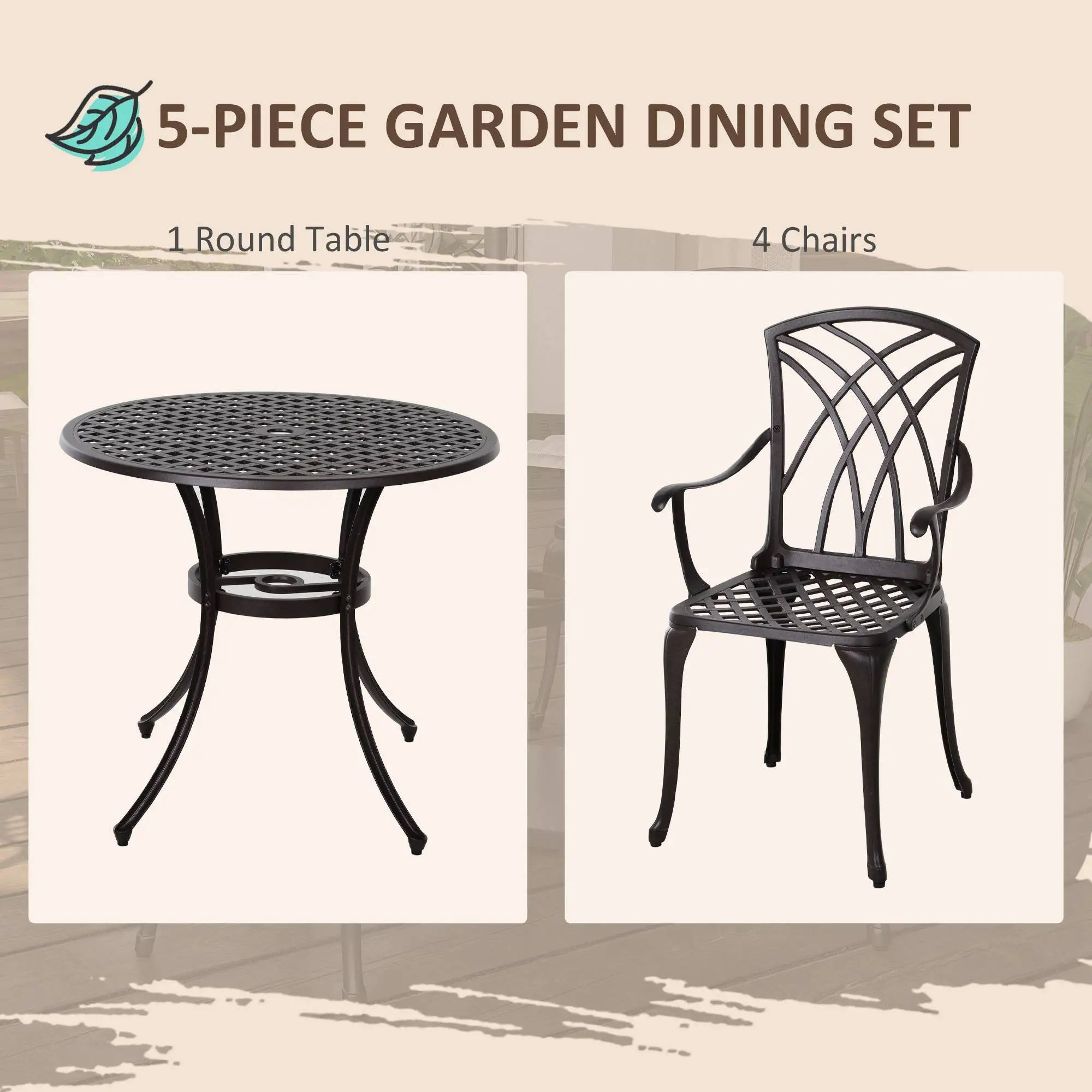 5-Piece Outdoor Dining Set, Cast Aluminum Table and Chairs, Brown Outdoor Dining Sets at Gallery Canada