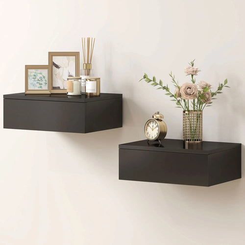 Set Of 2 Wall Mounted Bedside Tables, Floating Nightstands With Drawer, Black