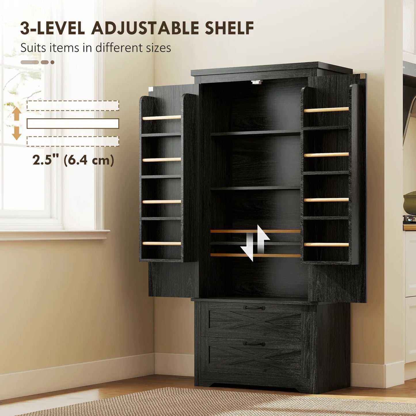 Farmhouse Kitchen Pantry Storage Cabinet, 64 Inch, Distressed Black Kitchen Pantry Cabinets at Gallery Canada