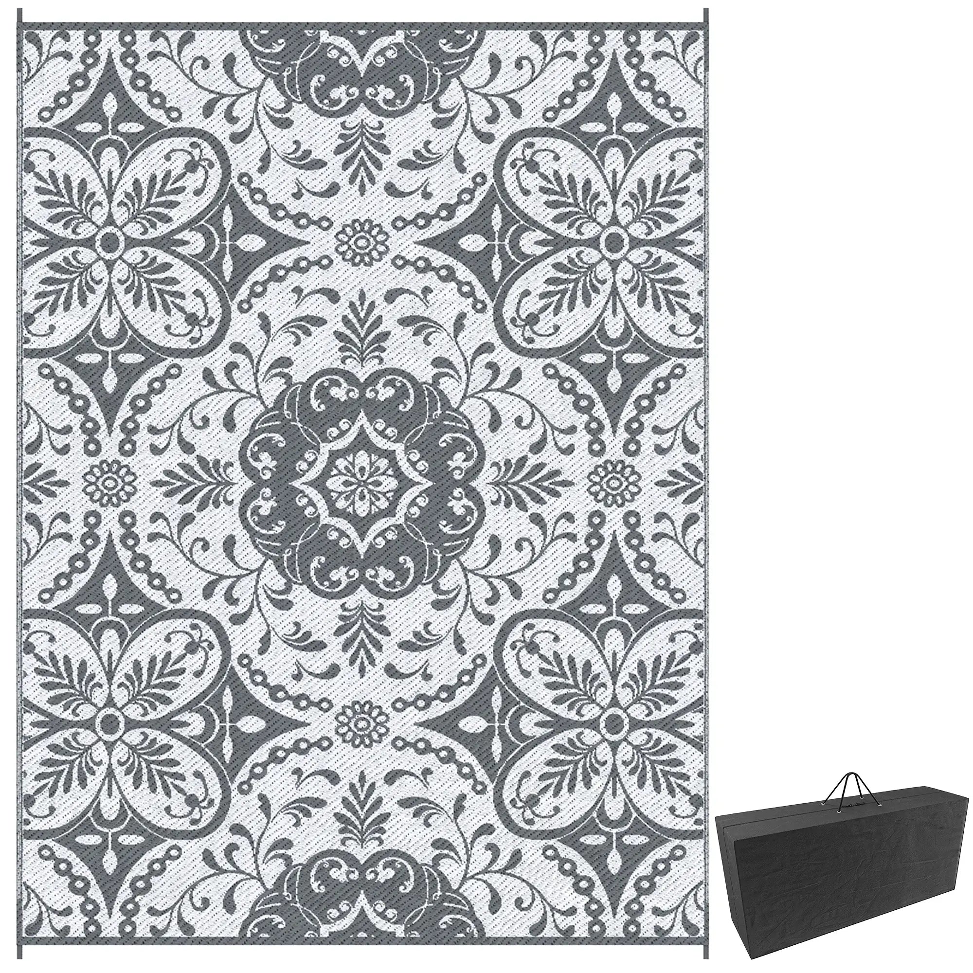 Portable Outdoor Rug, 9' x 12', Waterproof, White Flower, Gray Outdoor Reversible Rugs Options at Gallery Canada