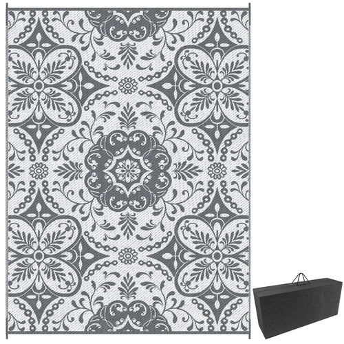 Portable Outdoor Rug, 9' x 12', Waterproof, White Flower, Gray