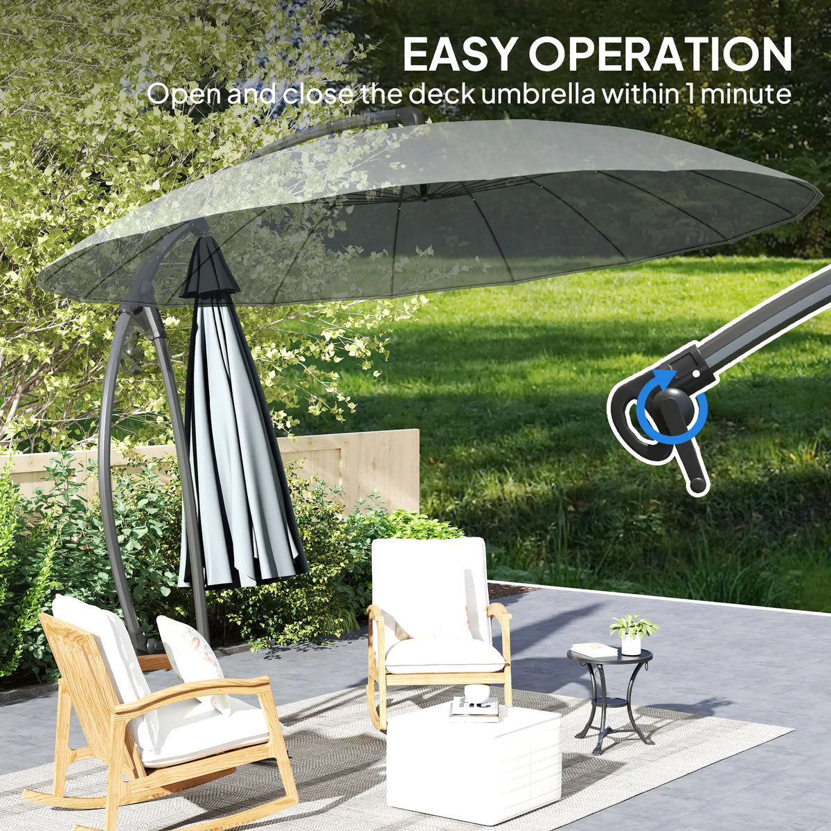 Parapluie Cantilever 9FT, 16 Côtes en Fibre de Verre, Suspension Décalée, Gris