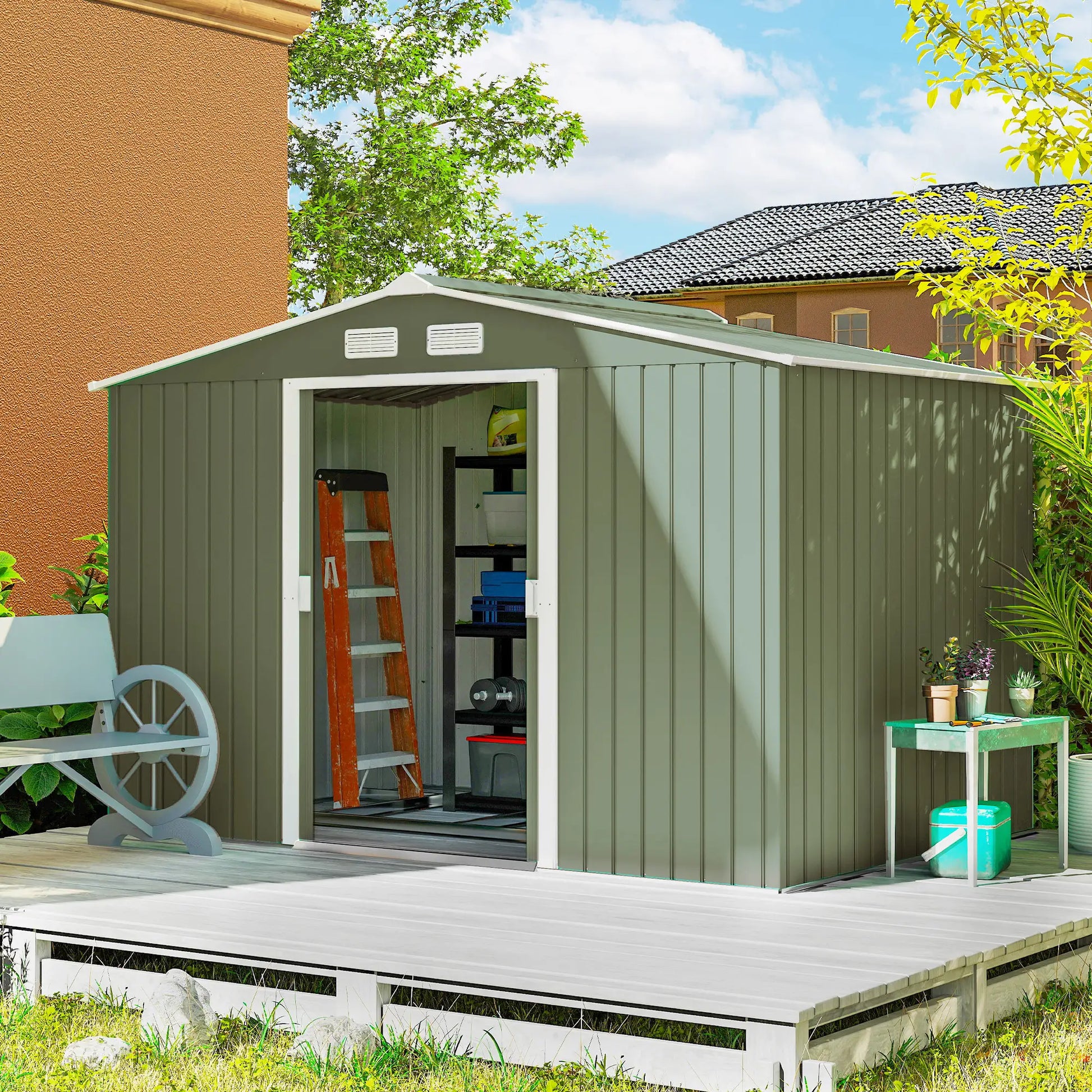 9.1'x6.4'x6.3' Garden Storage Shed, Foundation Kit, Double Doors, Light Green Sheds at Gallery Canada