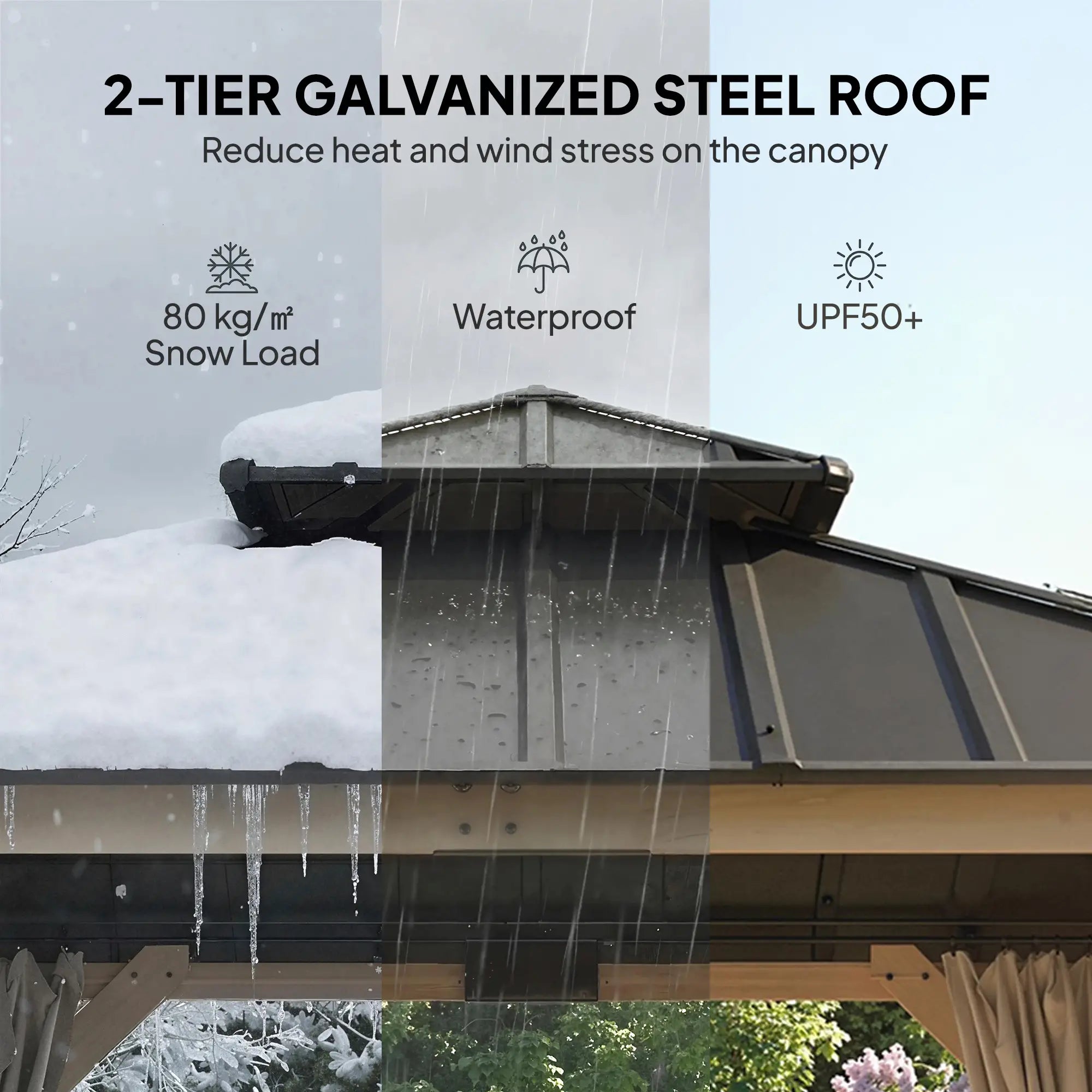 10' x 10' Hardtop Gazebo, Steel Roof, Wood Patio, Light Grey Gazebos at Gallery Canada