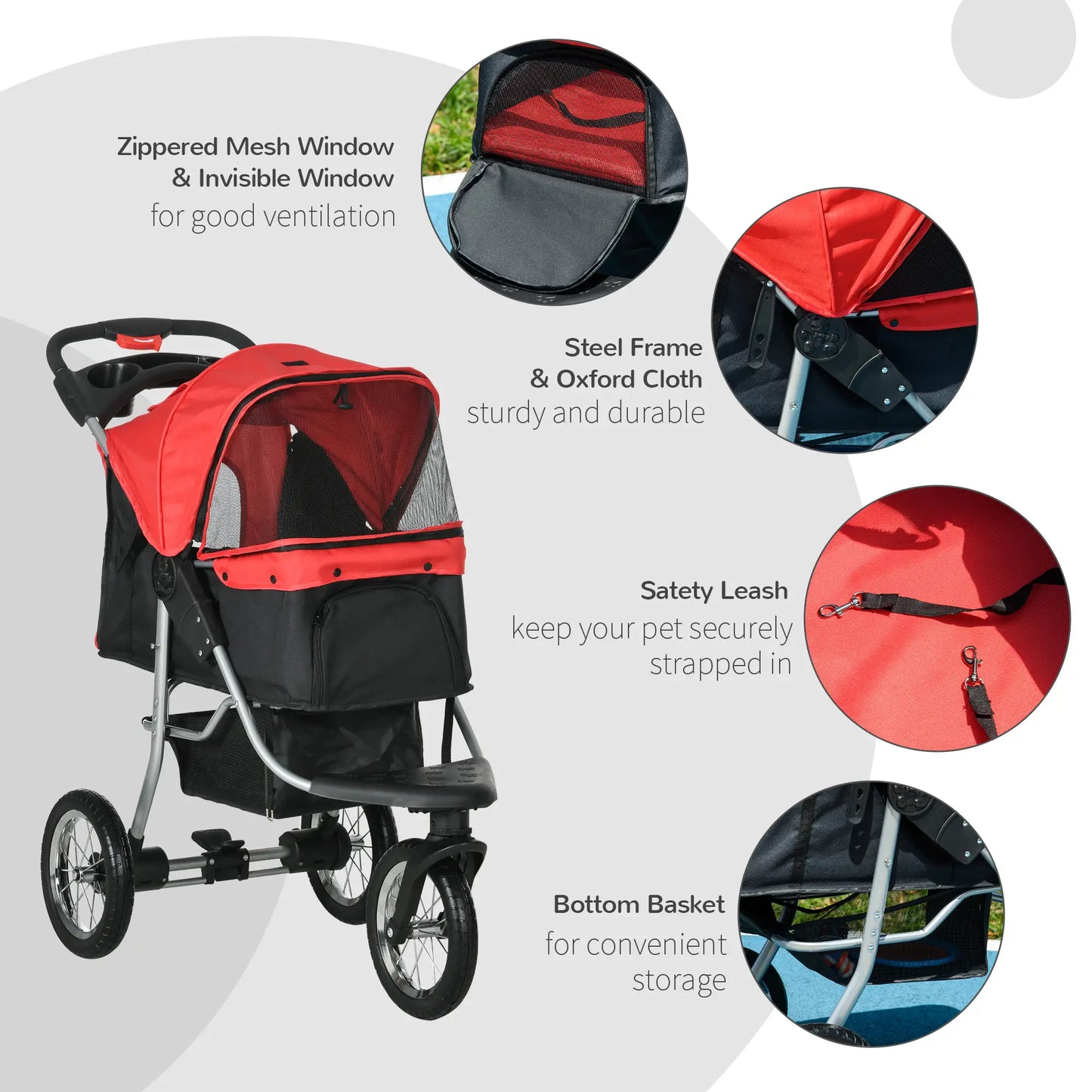 Lightweight Pet Stroller, 3-Rubber Wheels, Adjustable Canopy, Zippered Mesh, Red Dog Bike Trailers & Strollers at Gallery Canada