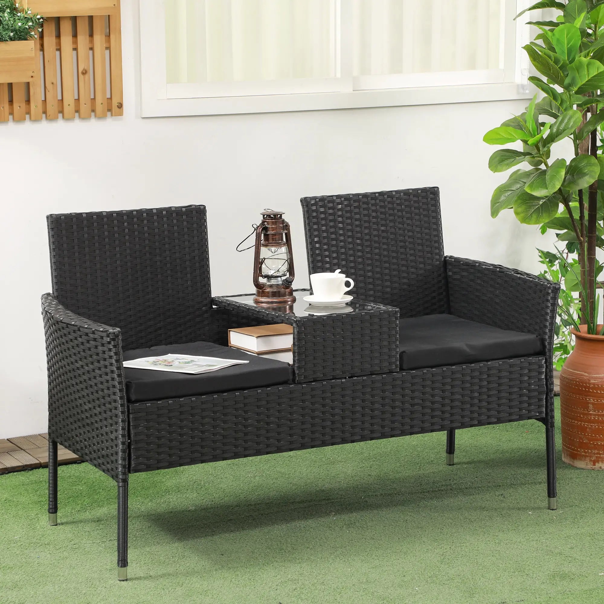 PE Rattan Loveseat with Cushion, Mid-Table, Black Patio Chairs at Gallery Canada