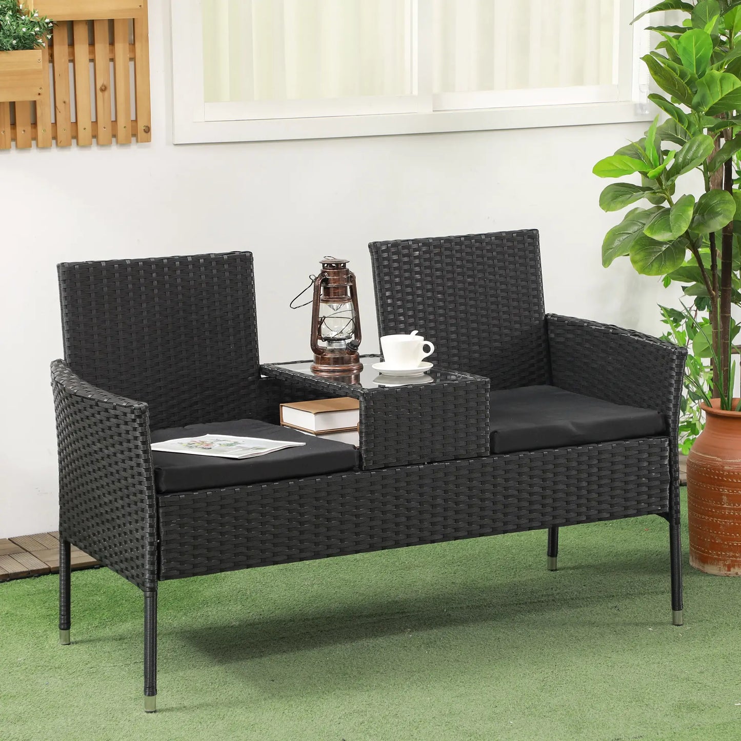 PE Rattan Loveseat with Cushion, Mid-Table, Black Patio Chairs at Gallery Canada