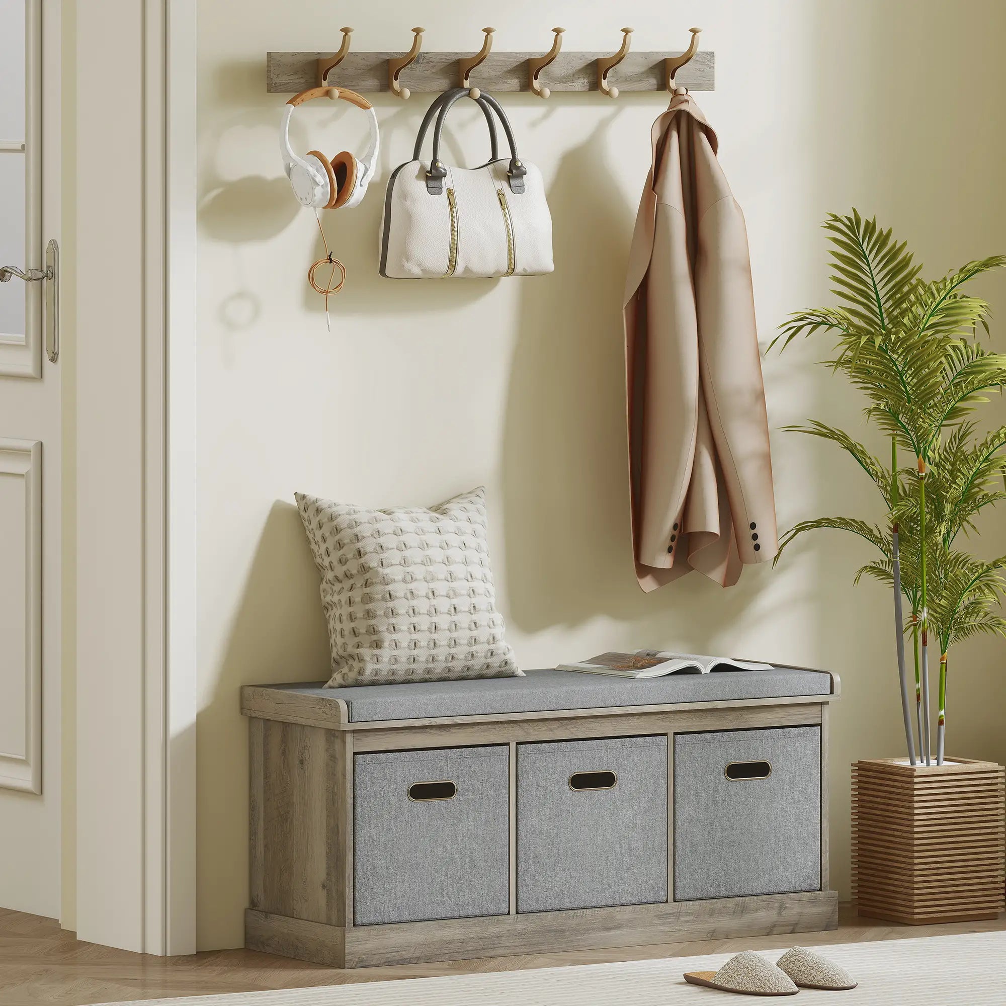 Shoe Storage Bench with Seat, 3 Fabric Drawers, Washed Grey Shoe Storage Cabinets & Racks at Gallery Canada