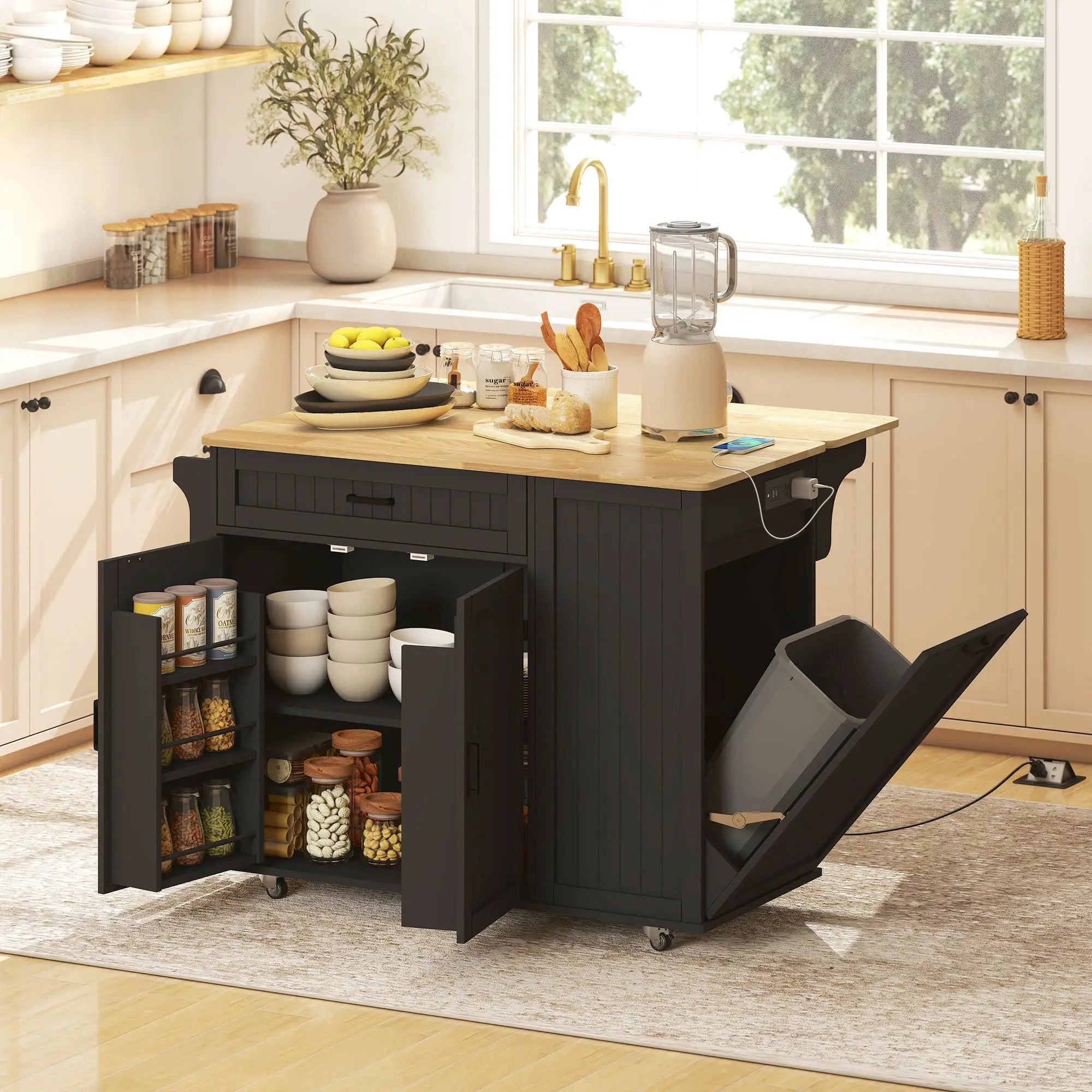 Kitchen Island Cart, Portable Table with Charging Station, Rubber Wood Drop Leaf, Trash Storage, Black Kitchen Islands & Kitchen Carts at Gallery Canada
