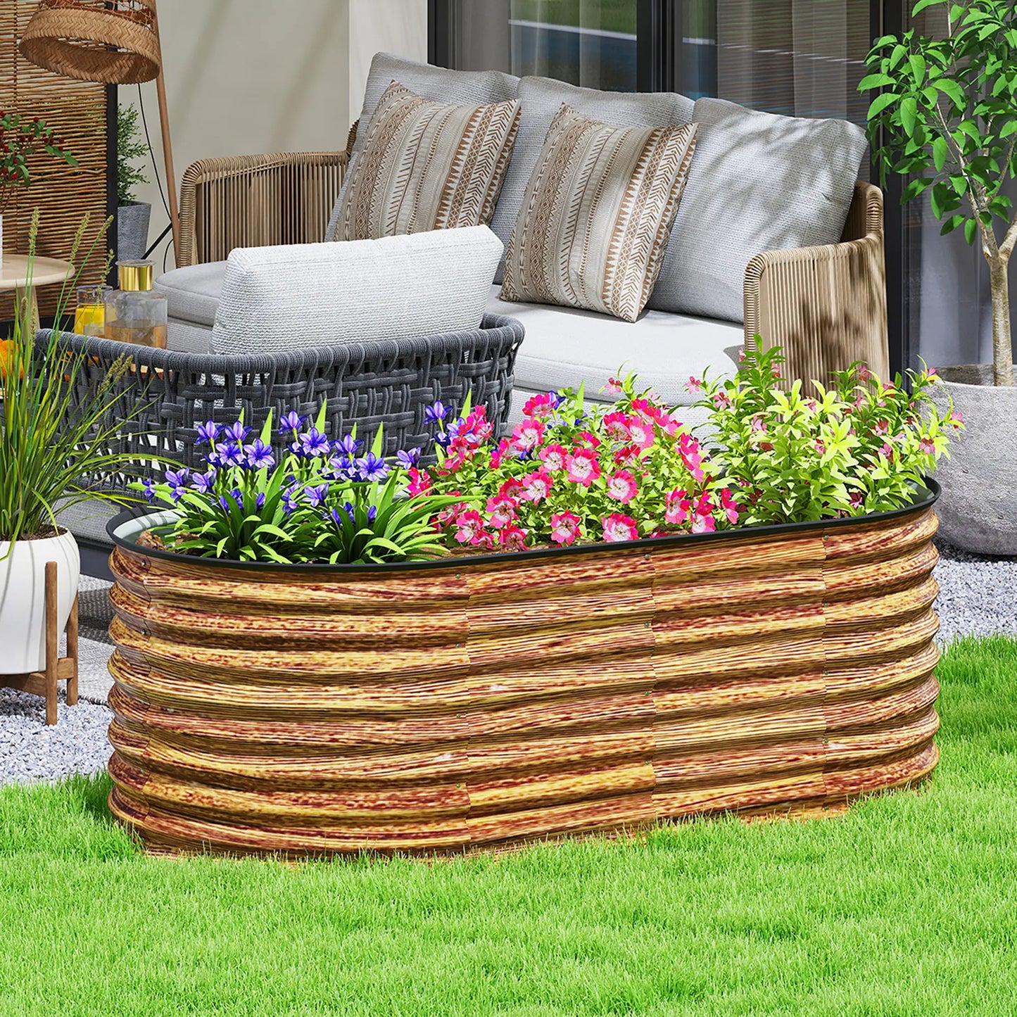 Galvanized Raised Garden Bed, 5 x 2.5 x 2 ft, Brown Wood Effect, Brown