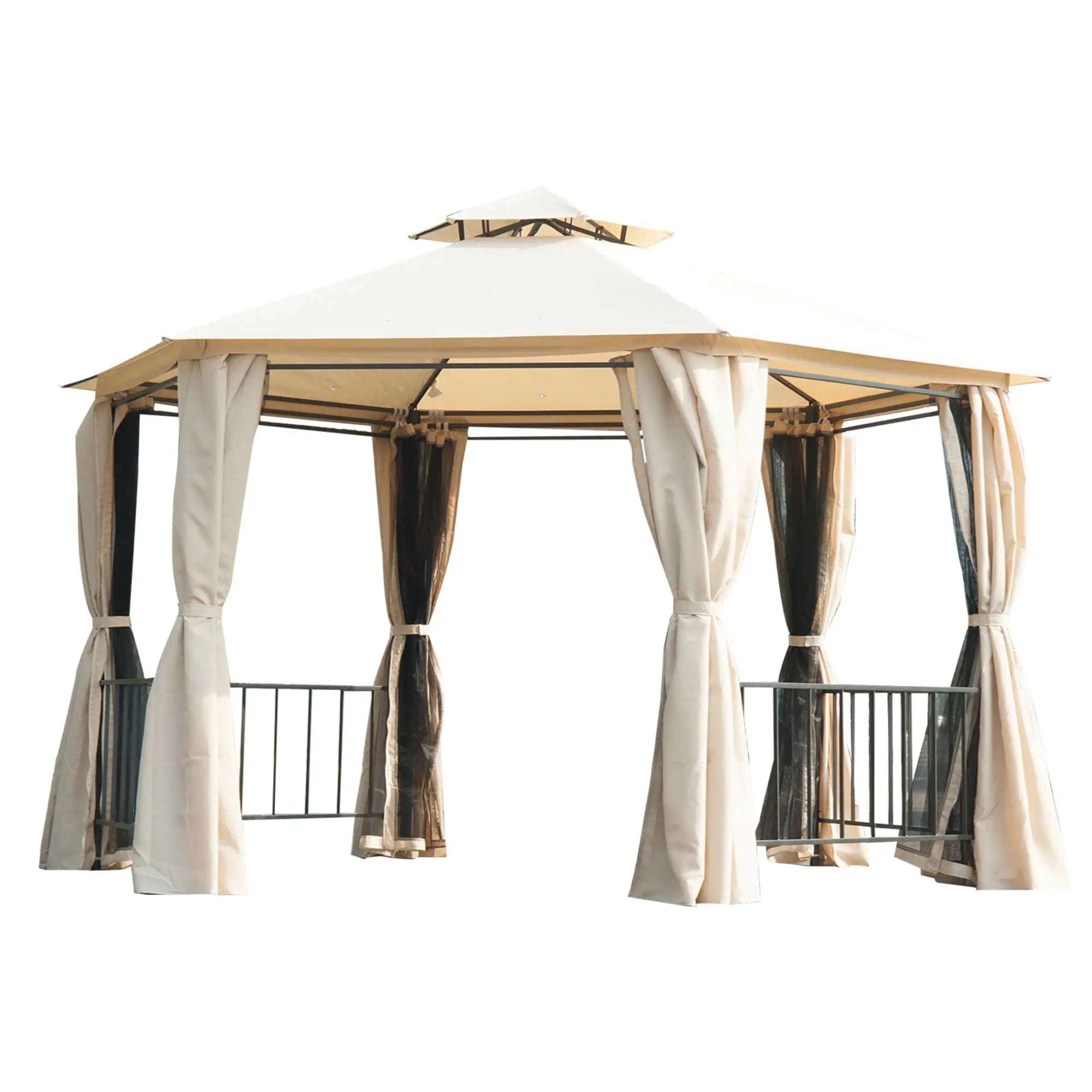 13ft Hexagon Gazebo, Outdoor Canopy Shelter, Netting, Shaded Curtains, Beige Gazebos Beige and Black at Gallery Canada