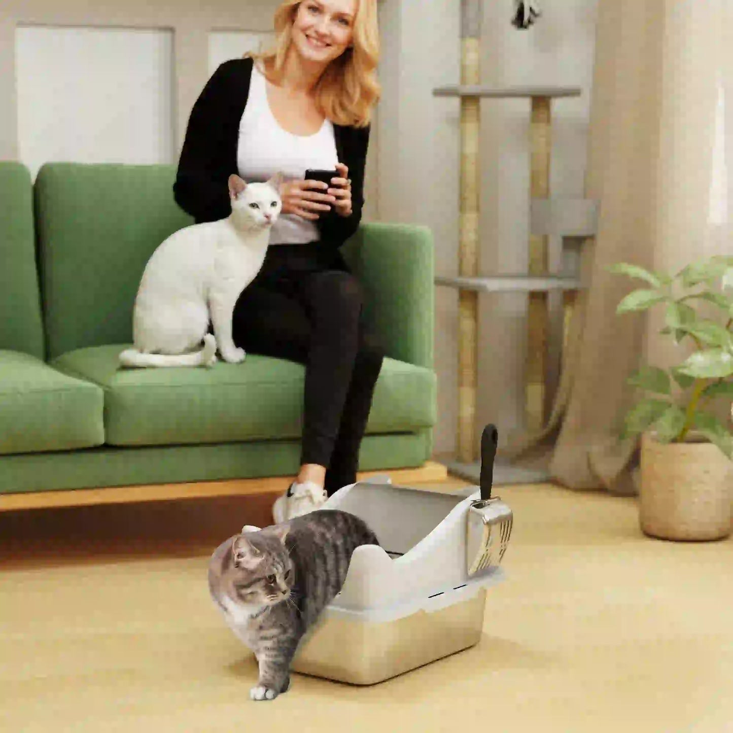 Stainless Steel Cat Litter Box, 17" x 13" x 10", Metal Scoop, Grey