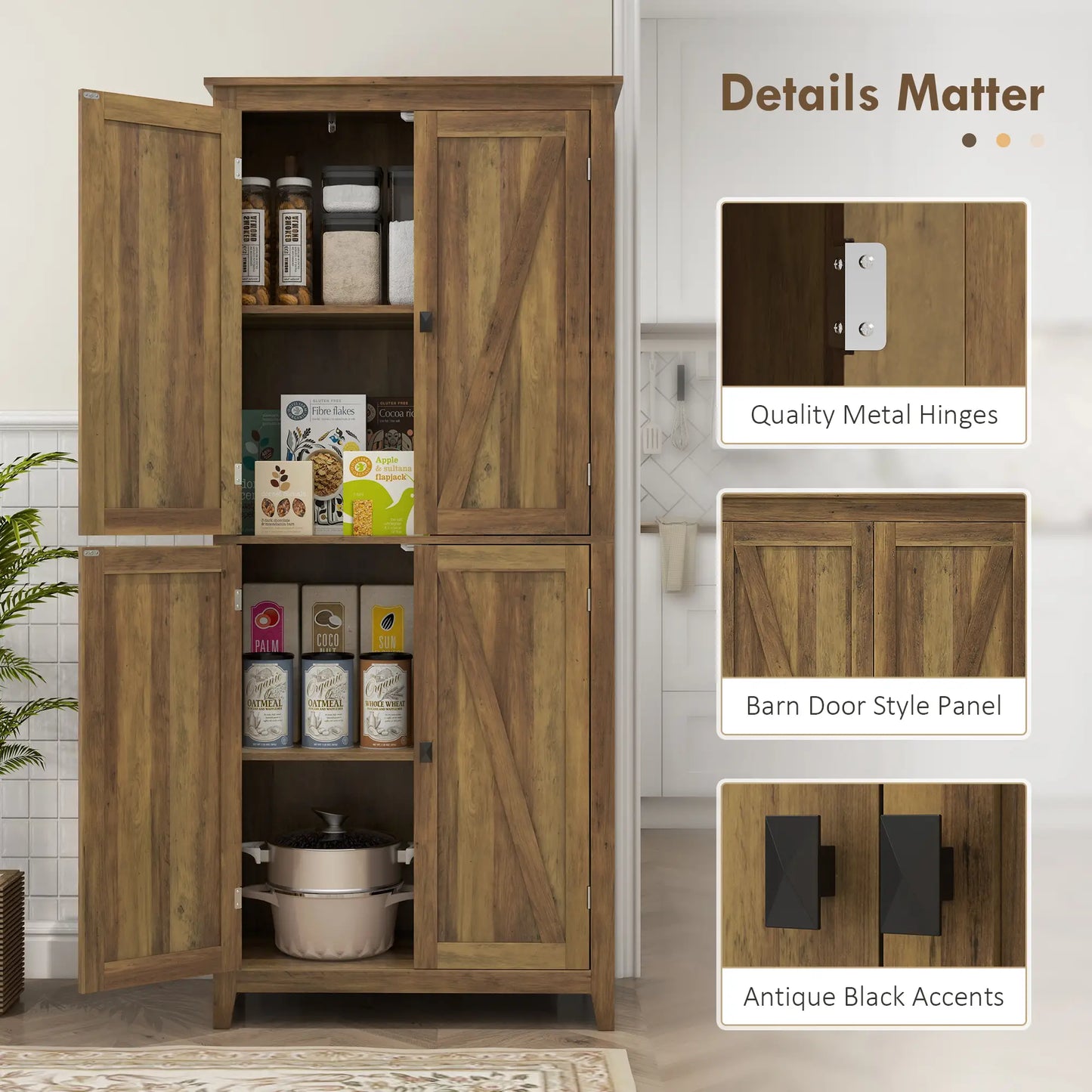 72" Freestanding Storage Cabinet, Kitchen Pantry with Doors, Shelves, Brown Kitchen Pantry Cabinets at Gallery Canada