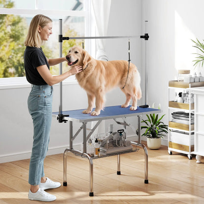 Adjustable Dog Grooming Table, 2 Safety Slings, Storage Basket, Blue Dog Grooming Tables at Gallery Canada