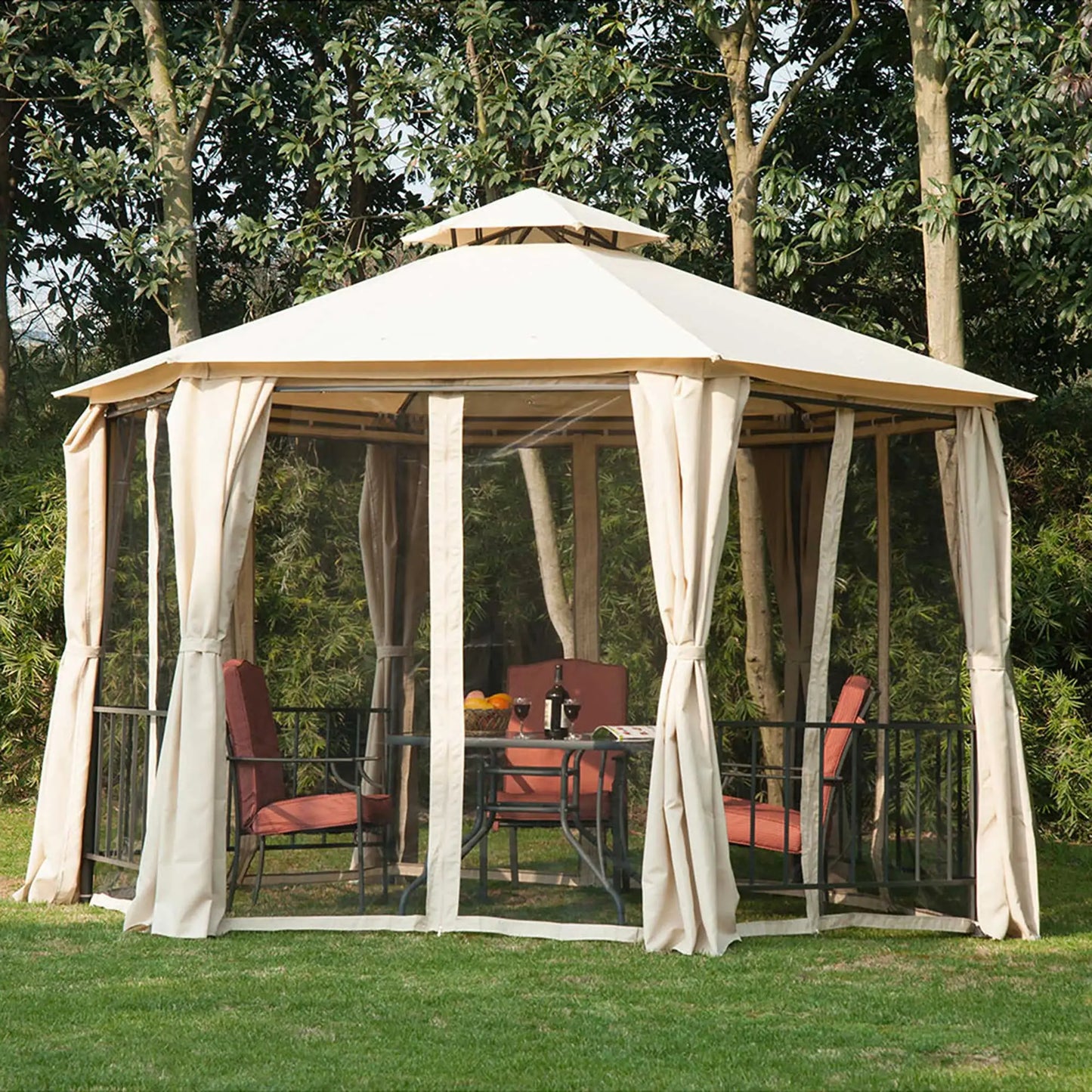 13ft Hexagon Gazebo, Outdoor Canopy Shelter, Netting, Shaded Curtains, Beige Gazebos at Gallery Canada