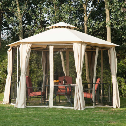 13ft Hexagon Gazebo, Outdoor Canopy Shelter, Netting, Shaded Curtains, Beige Gazebos at Gallery Canada
