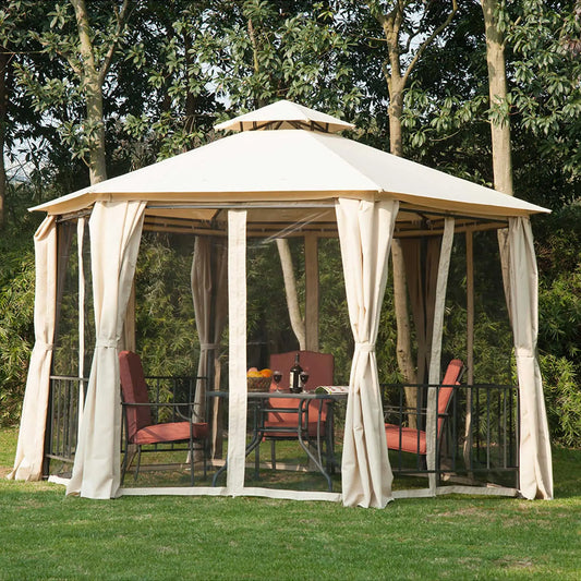 13ft Hexagon Gazebo, Outdoor Canopy Shelter, Netting, Shaded Curtains, Beige