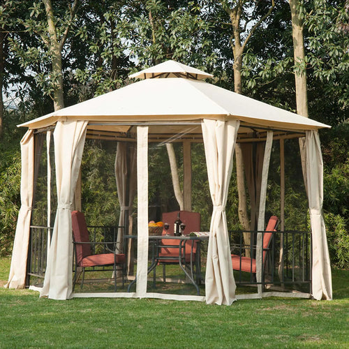 13ft Hexagon Gazebo, Outdoor Canopy Shelter, Netting, Shaded Curtains, Beige