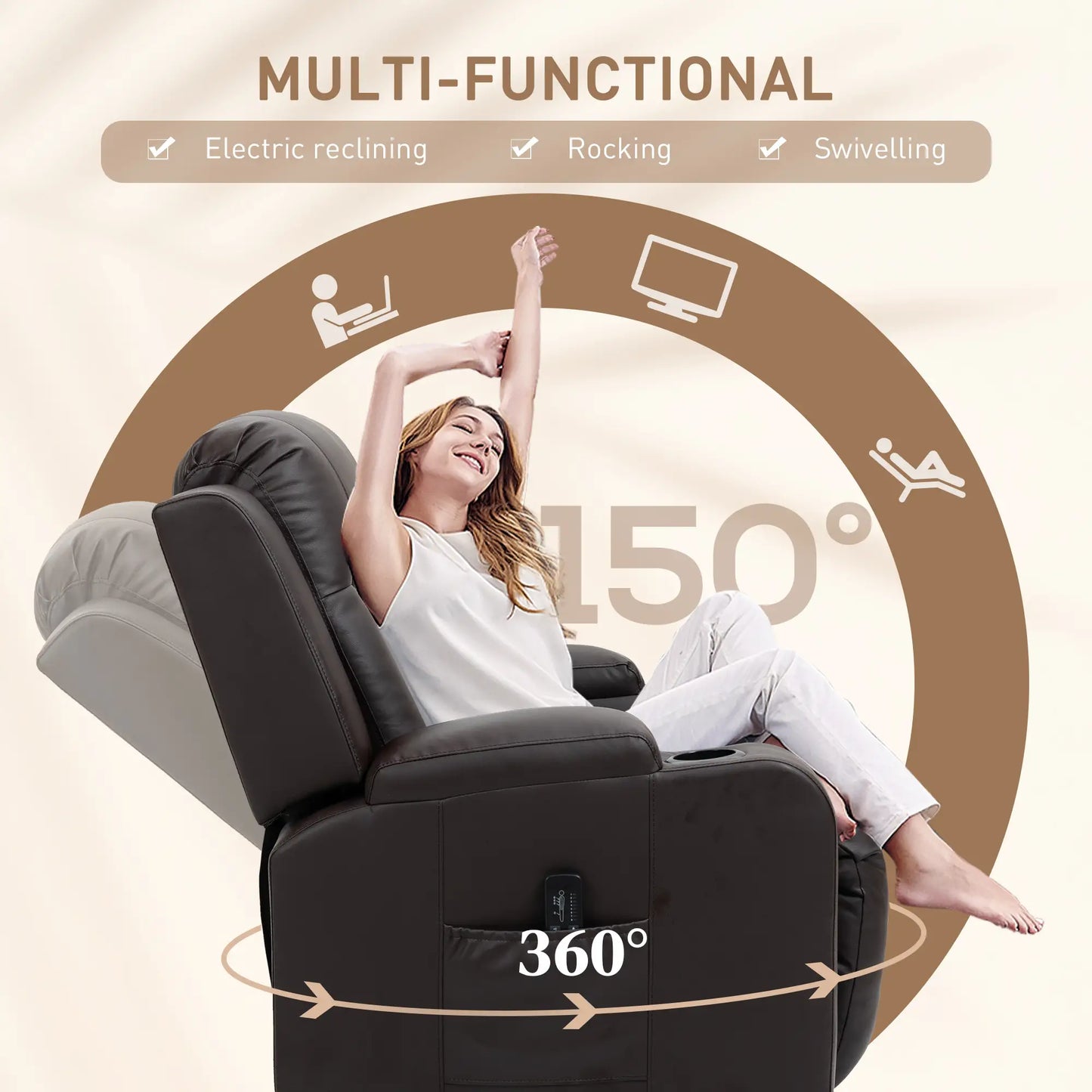 Swivel Massage Recliner Chair, Manual Rocking Sofa, PU Leather, Brown Single Sofas at Gallery Canada