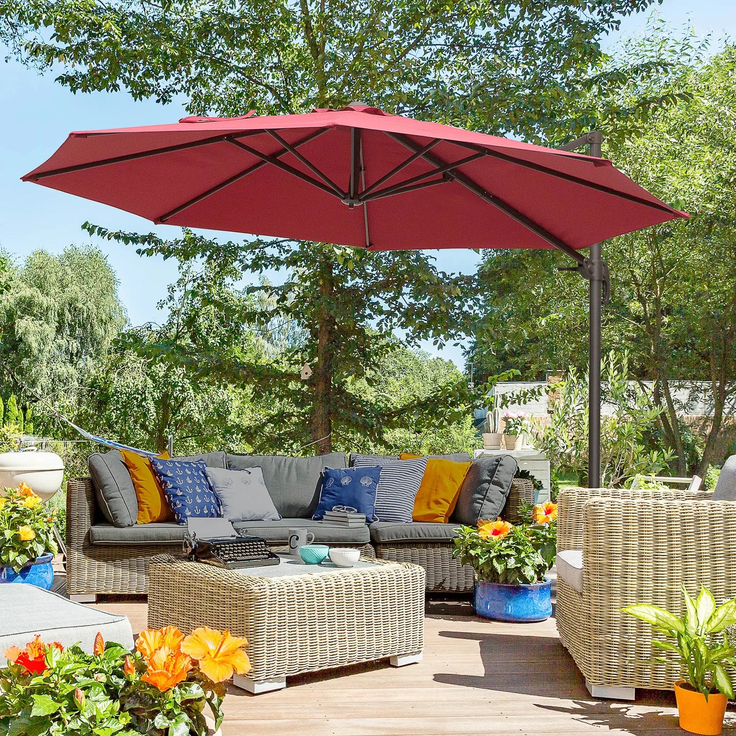 10ft Cantilever Patio Umbrella, 360° Rotation, Crank, Cross Base, Wine Red Offset Cantilever Umbrellas at Gallery Canada
