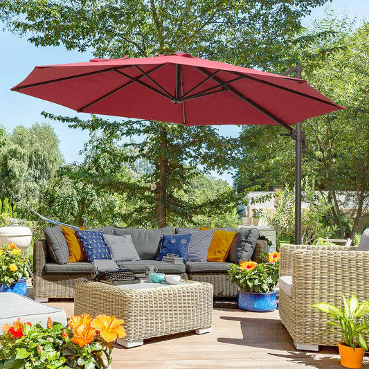 10ft Cantilever Patio Umbrella, 360° Rotation, Crank, Cross Base, Wine Red Offset Cantilever Umbrellas Wine Red and Brown at Gallery Canada