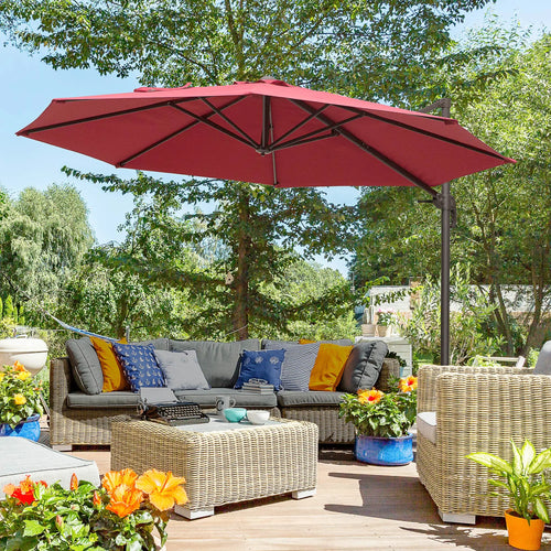 10ft Cantilever Patio Umbrella, 360° Rotation, Crank, Cross Base, Wine Red