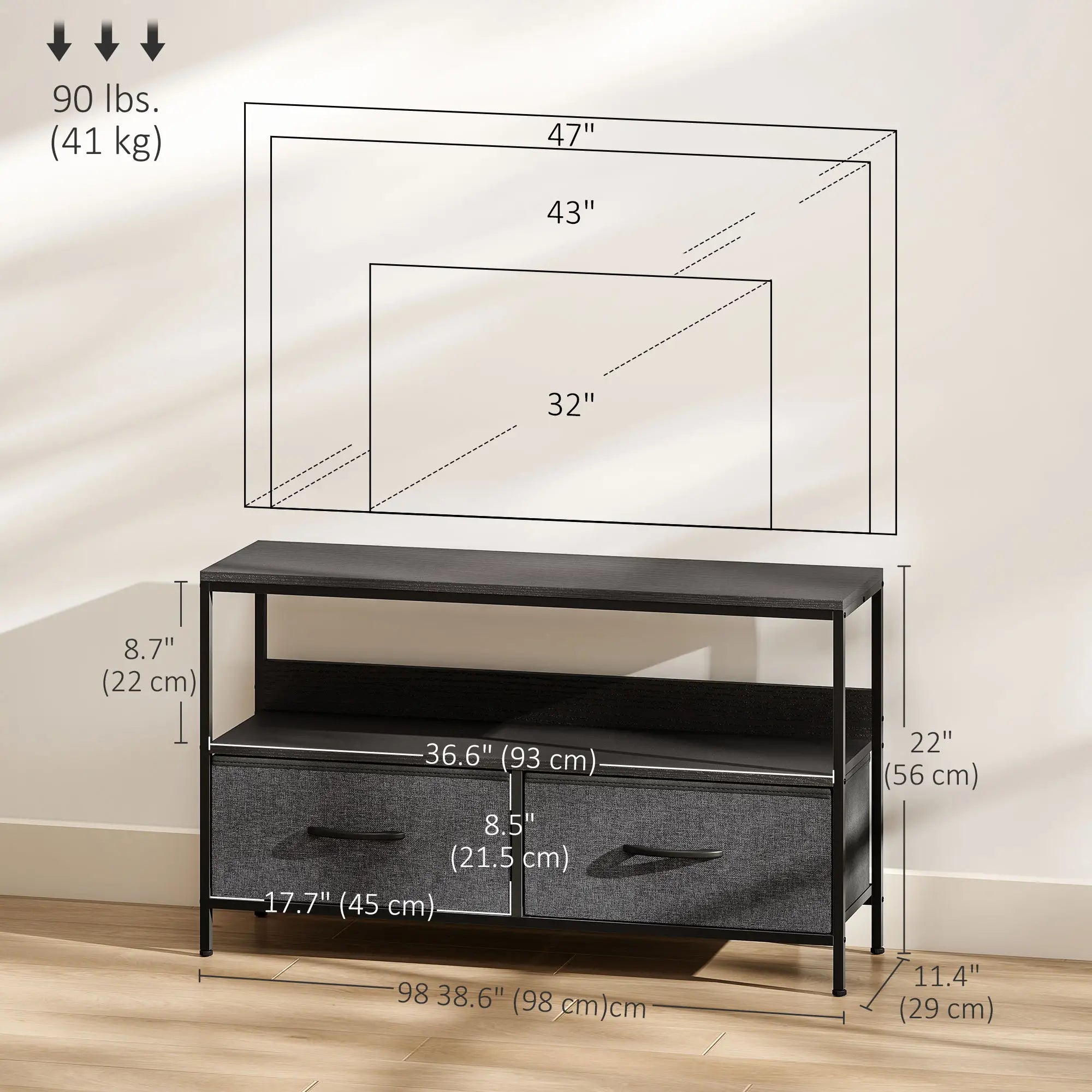 TV Stand with Charging Station, 2 Foldable Drawers, Open Shelf, 47 Inch, Black TV Stands at Gallery Canada