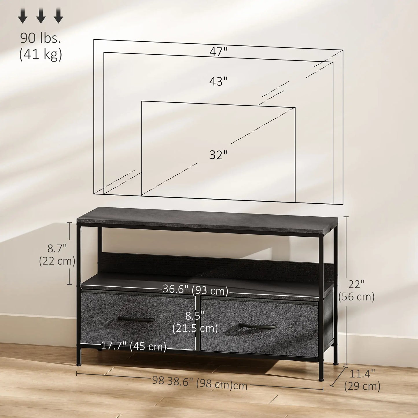 TV Stand with Charging Station, 2 Foldable Drawers, Open Shelf, 47 Inch, Black TV Stands at Gallery Canada