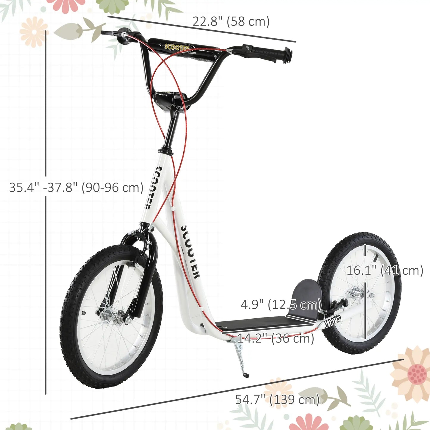 Kids Kick Scooter, 5+ Years, 16'' Inflatable Wheel, Dual Brakes, White Scooters at Gallery Canada