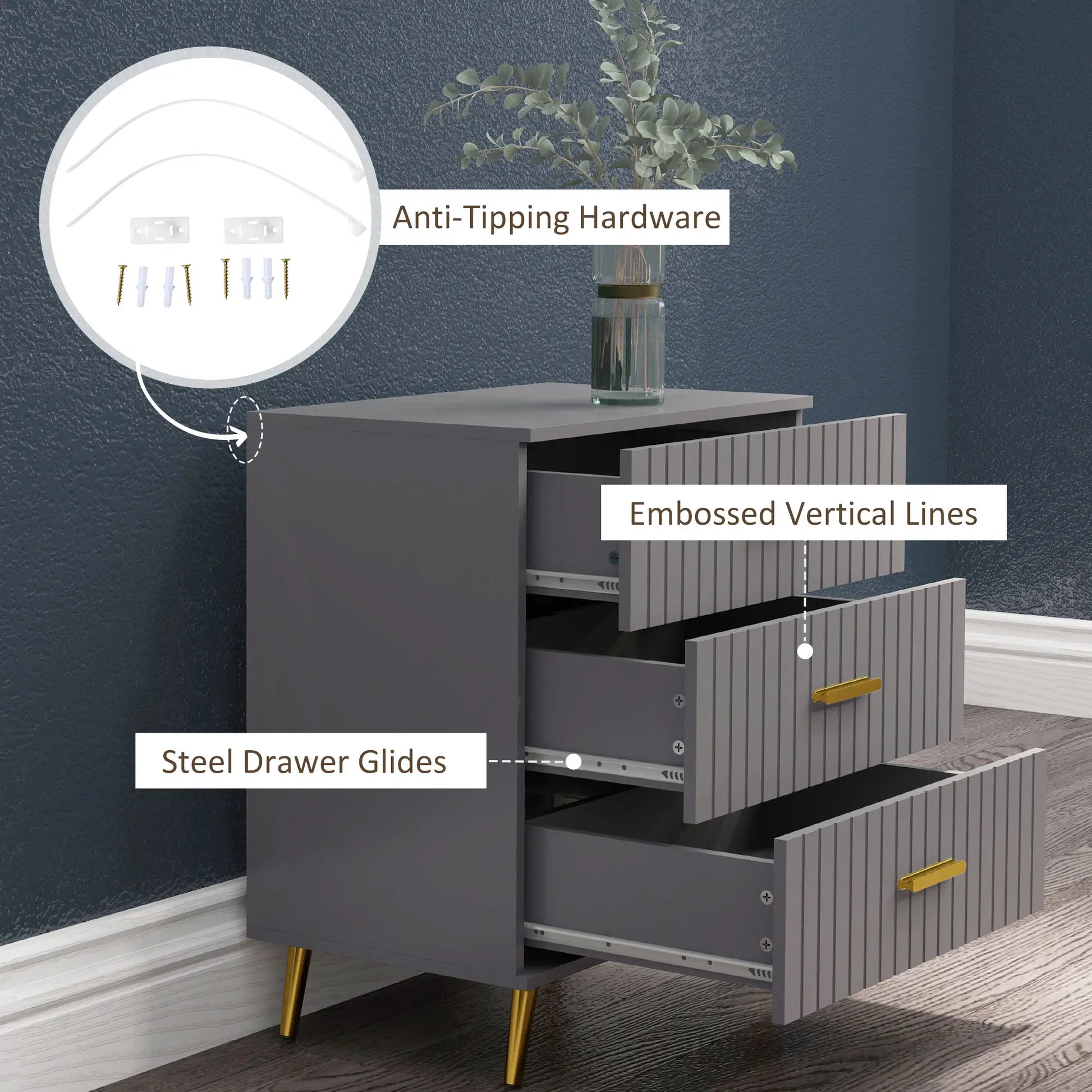 3 Drawer Cabinet, Bedroom Chest of Drawers, Aluminium Legs, Dark Grey Storage Cabinets at Gallery Canada