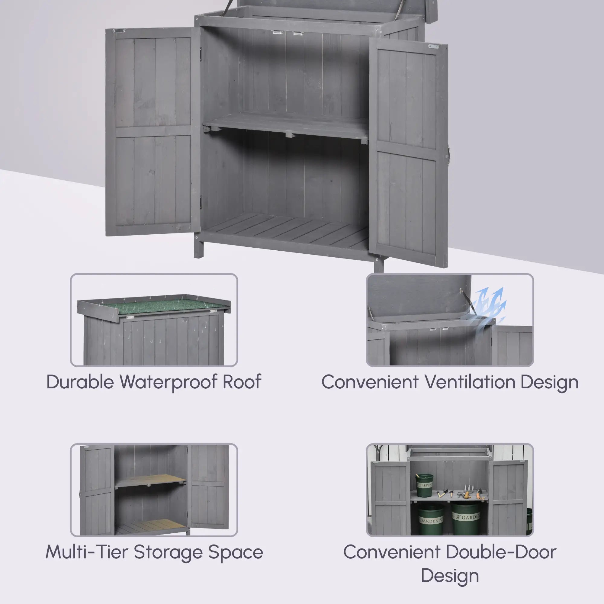 Wooden Garden Tool Shed, Hinged Roof, 2-Tier Shelves, Double Doors, 74x43x88cm, Dark Grey Sheds at Gallery Canada